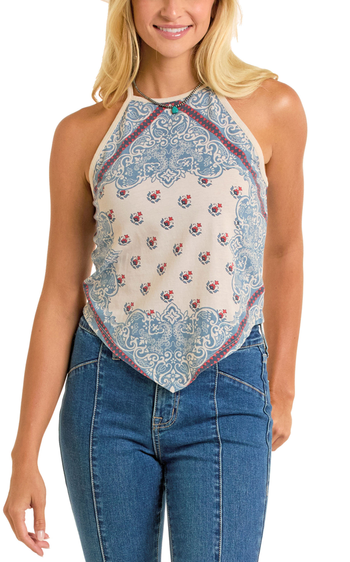 Rock & Roll Denim Women's Cream Blue & Red Bandana Halter Tank Top - Image 1