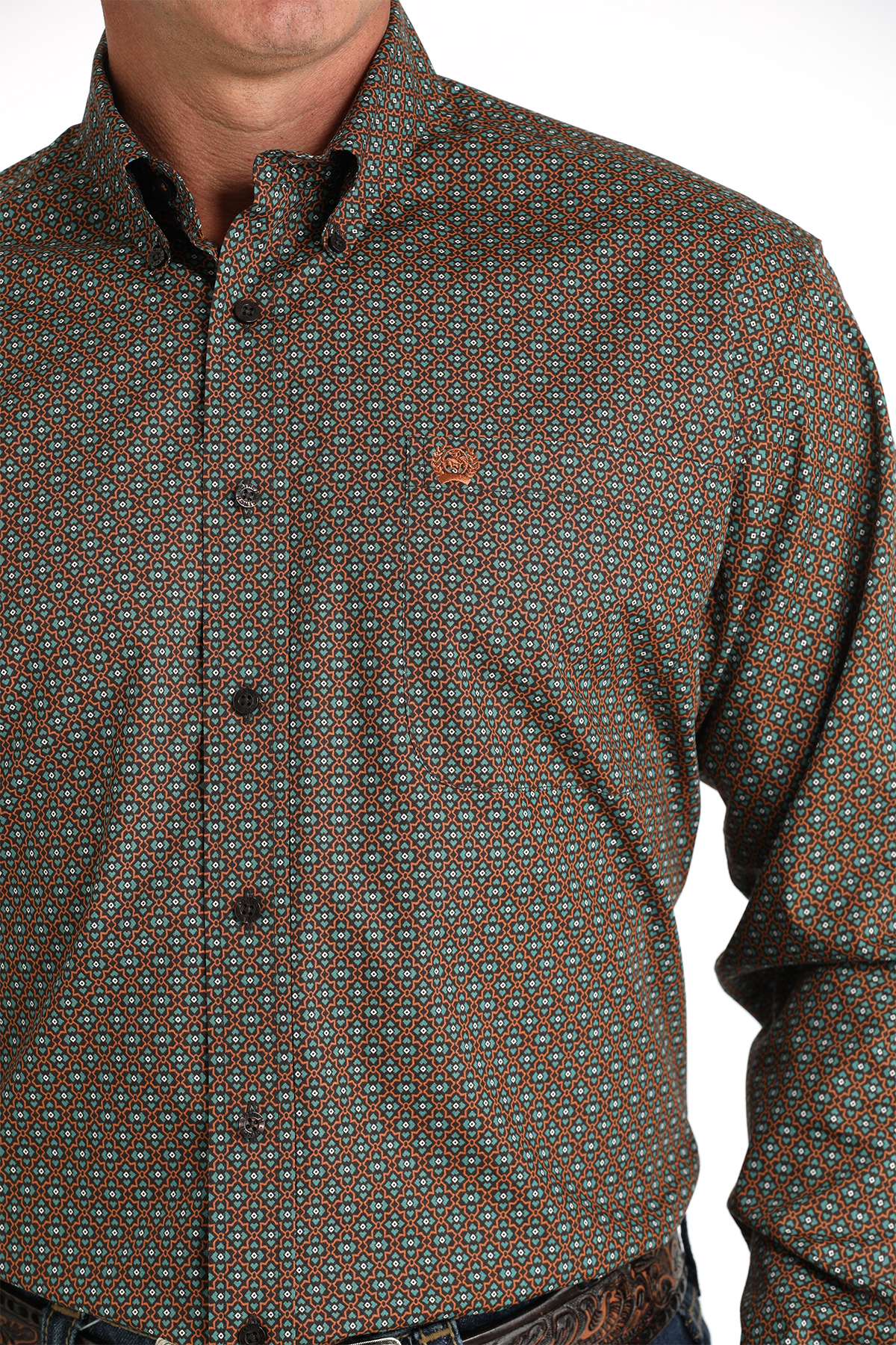 Cinch Men's Golden Brown & Teal Geo Print Western Shirt - Image 1