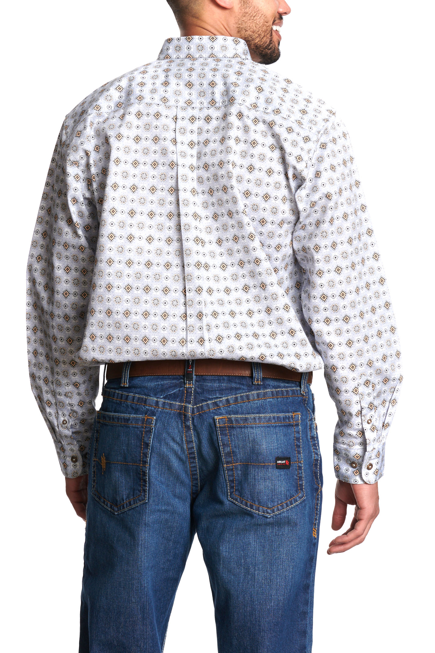 Forge Men's White & Brown Blue Print Flame Resistant Work Shirt - Image 1