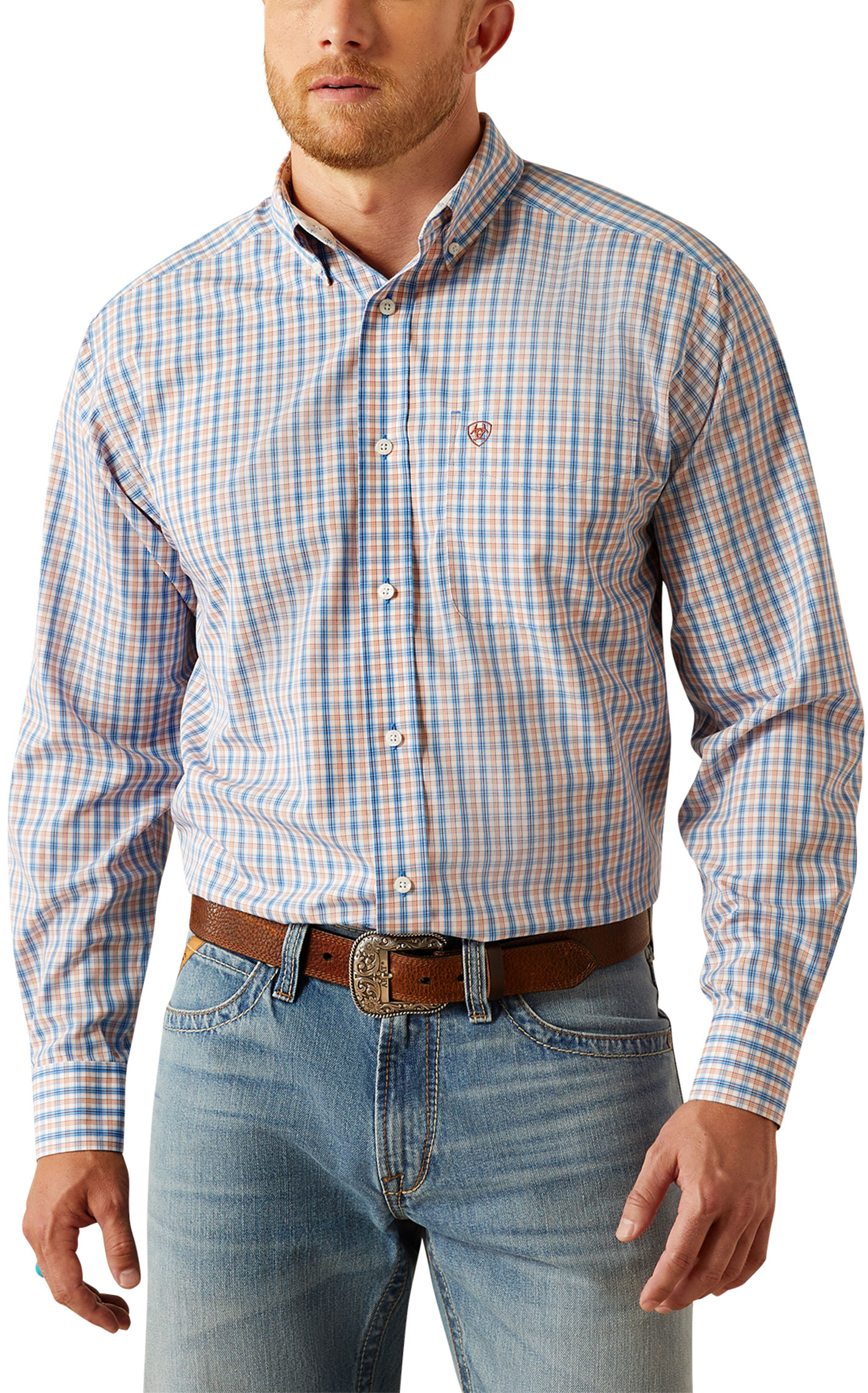 Ariat Men's Aaron Blue & Peach Plaid Western Shirt - Image 1