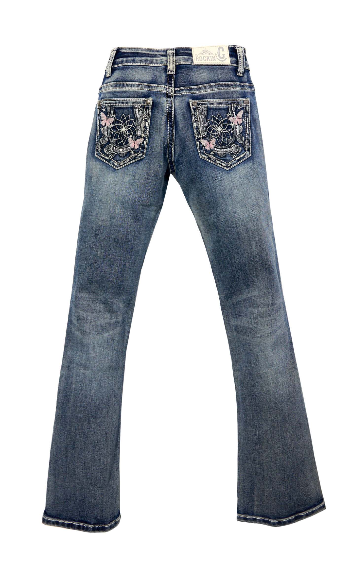 Rockin C Girl's Medium Wash Butterfly Embroidery Pocket Jeans - Image 1