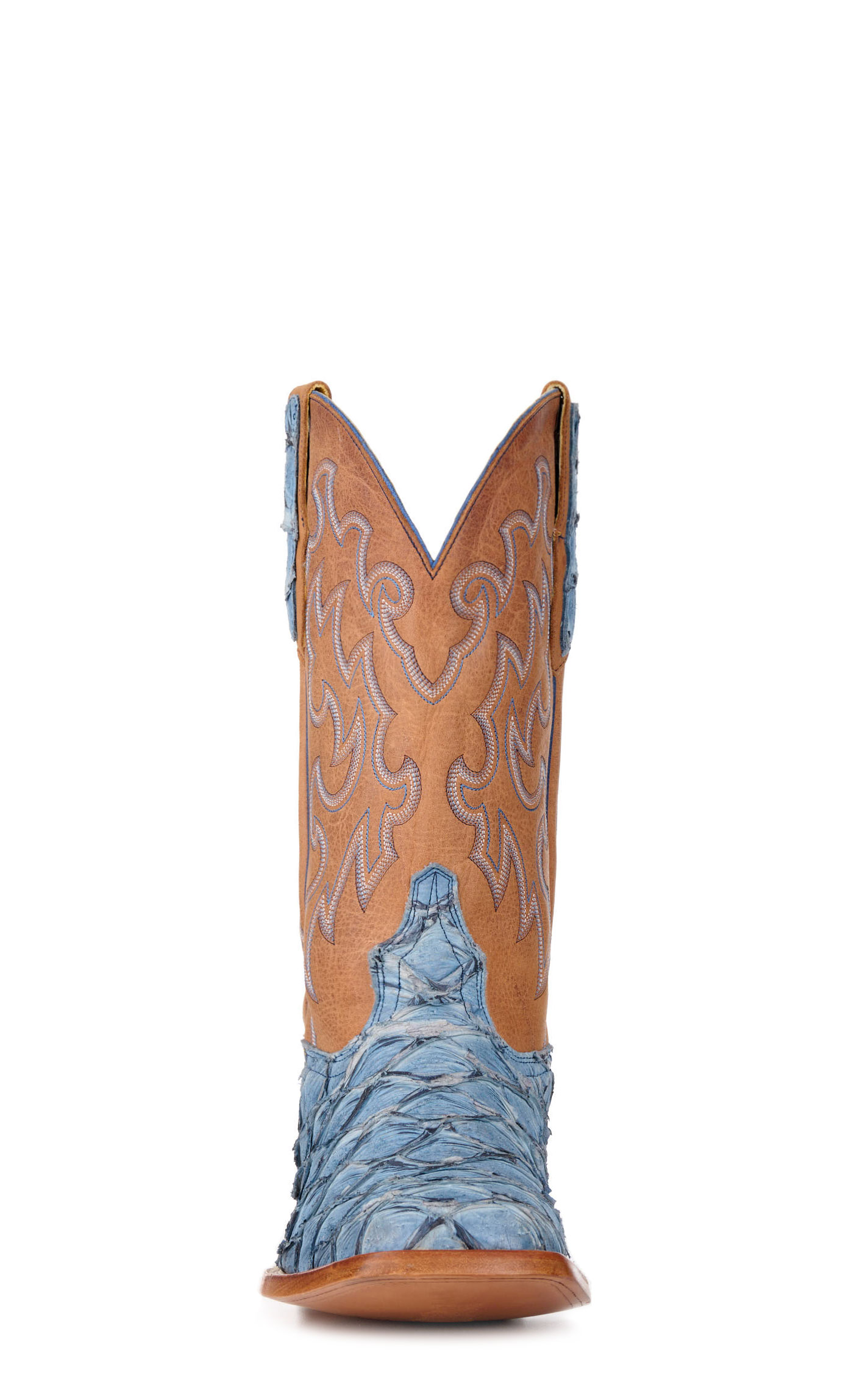 Cavender’s Men’s Blue Pirarucu and Brass Wide Square Toe Exotic Cowboy Boots - Image 1