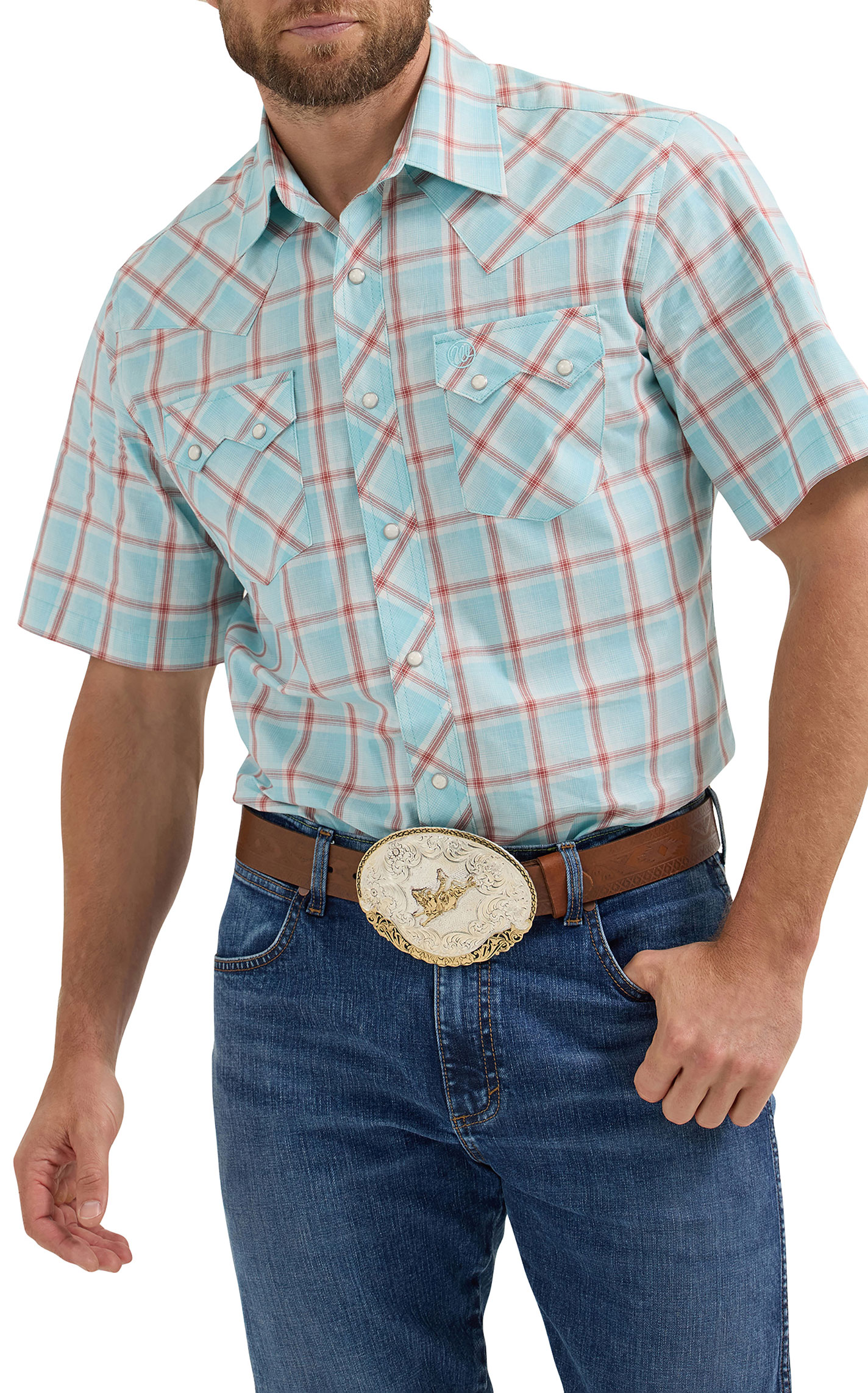 Wrangler Retro Men's Aqua & Rust Plaid Short Sleeve Western Shirt - Image 1