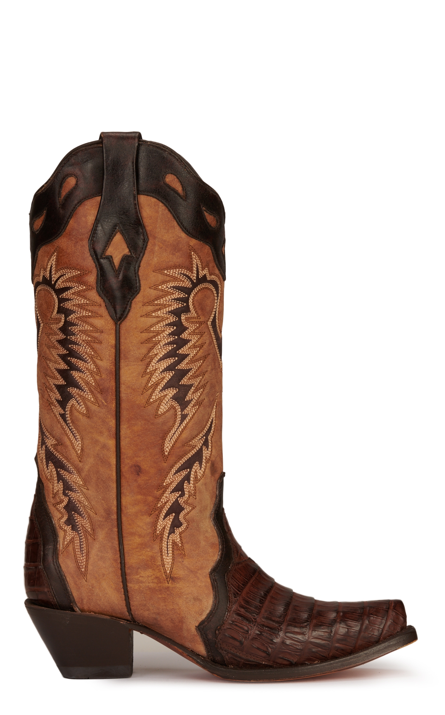 Corral Women's Tan and Brown Caiman Snip Toe Exotic Cowboy Boots - Image 1