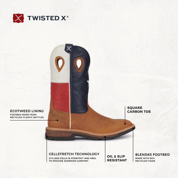 Twisted X Men's Cognac Leather with Texas Flag Upper Wide Square Toe Work Boots - Image 1