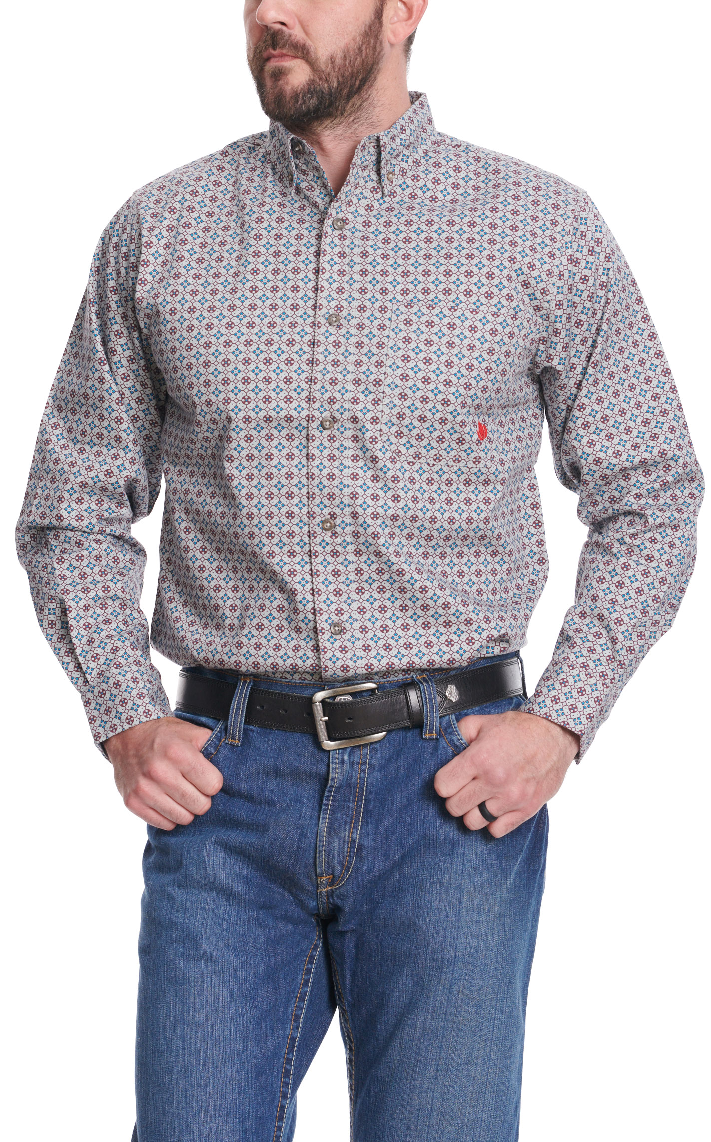 Forge Men's Gray Cranberry & Turquoise Geo Print FR Work Shirt - Image 1