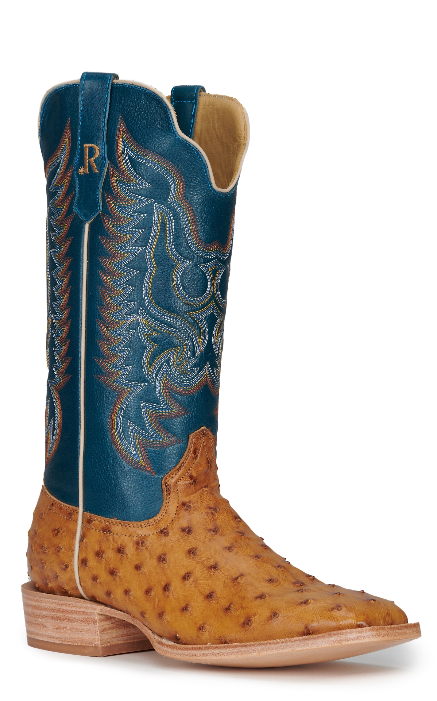 R Watson Men's Antique Saddle Full Quill Ostrich and Royal Blue Wide Square Toe Exotic Cowboy Boots - Image 1