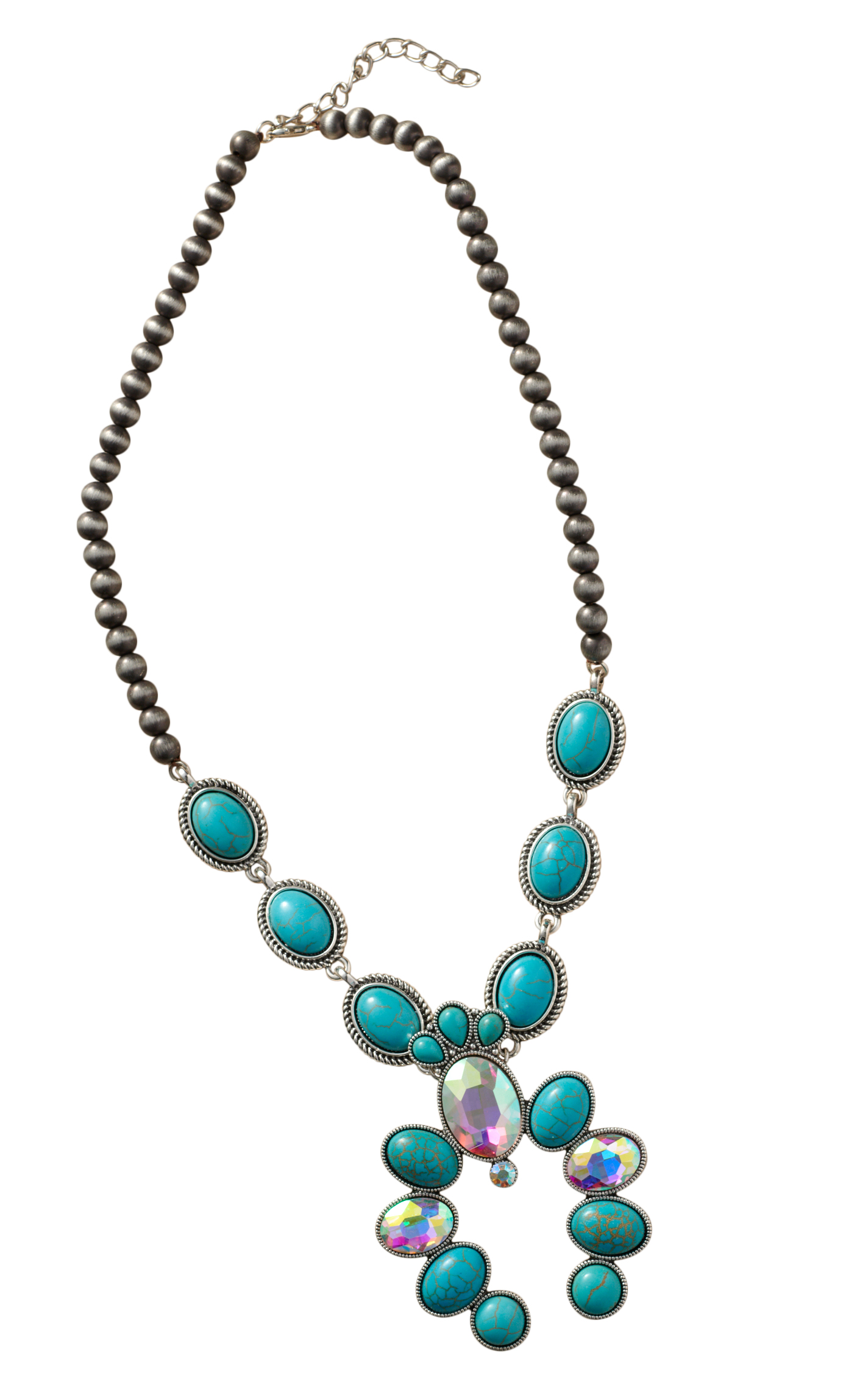 Southern Grace Silver & Turquoise Stone Squash Blossom Necklace - Image 1