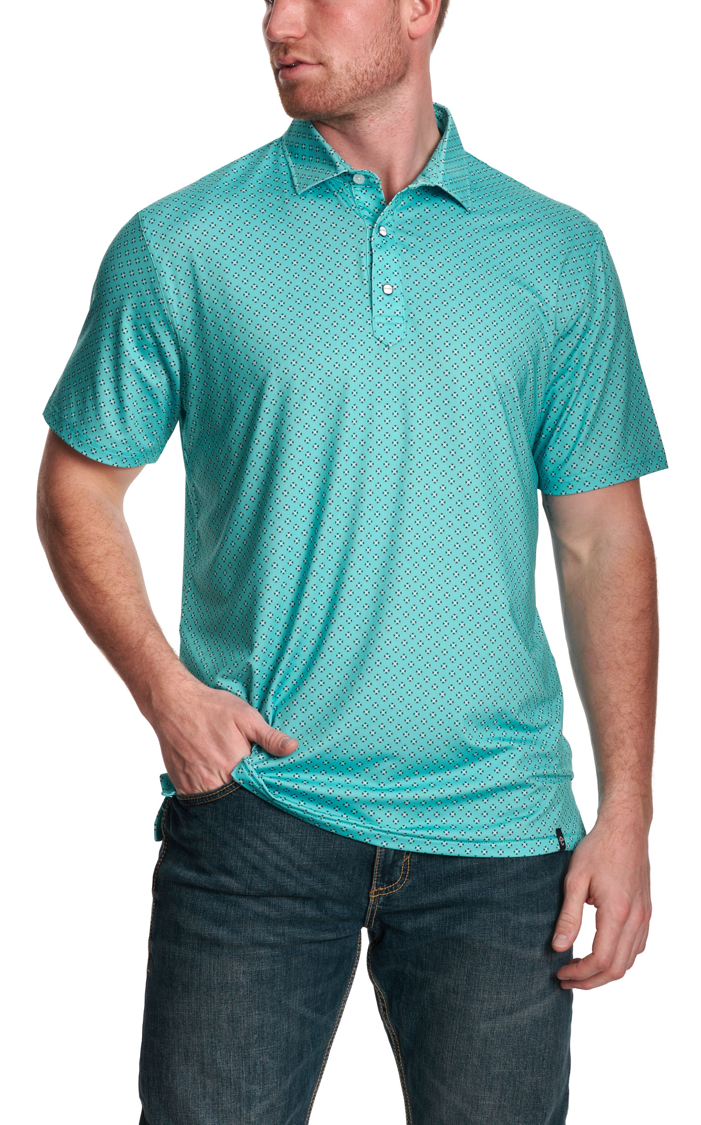 Rafter C Men’s May Aqua Geo Print Polo Shirt - Image 1