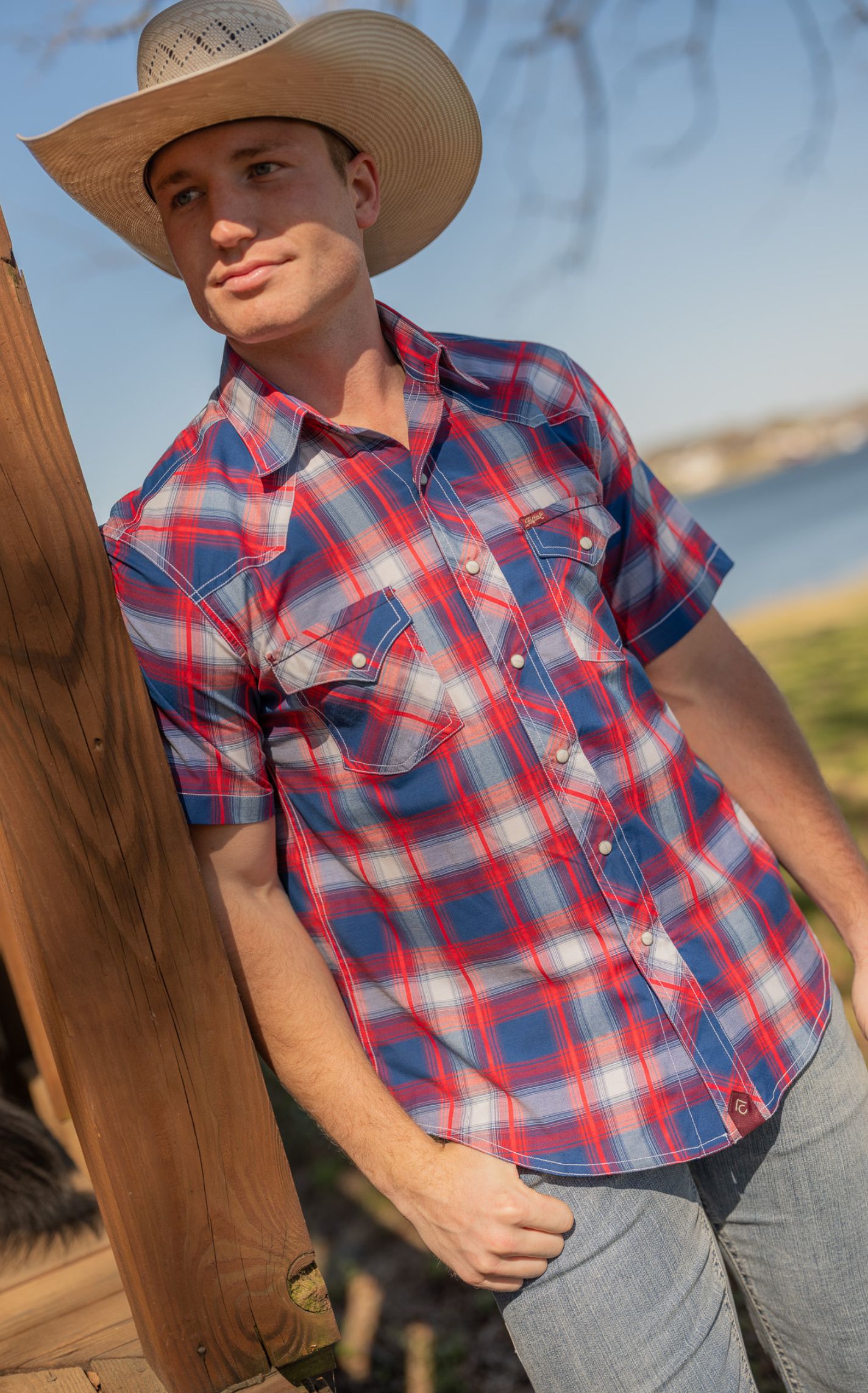 Rafter C Red Dirt Red & Blue Plaid Stretch Western Shirt - Image 1