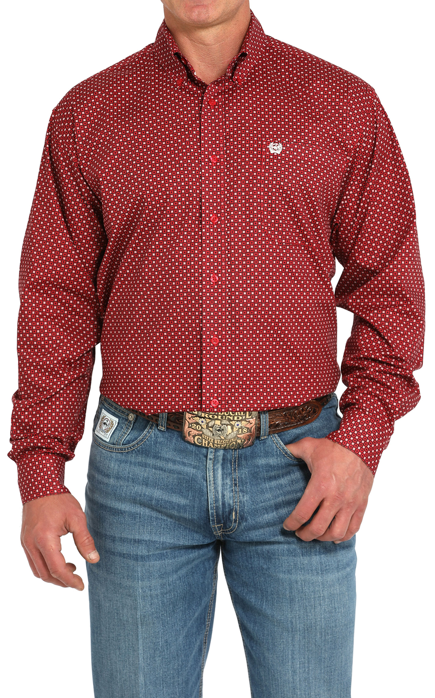 Cinch Men's Red Geo Print Button Down Long Sleeve Shirt - Image 1