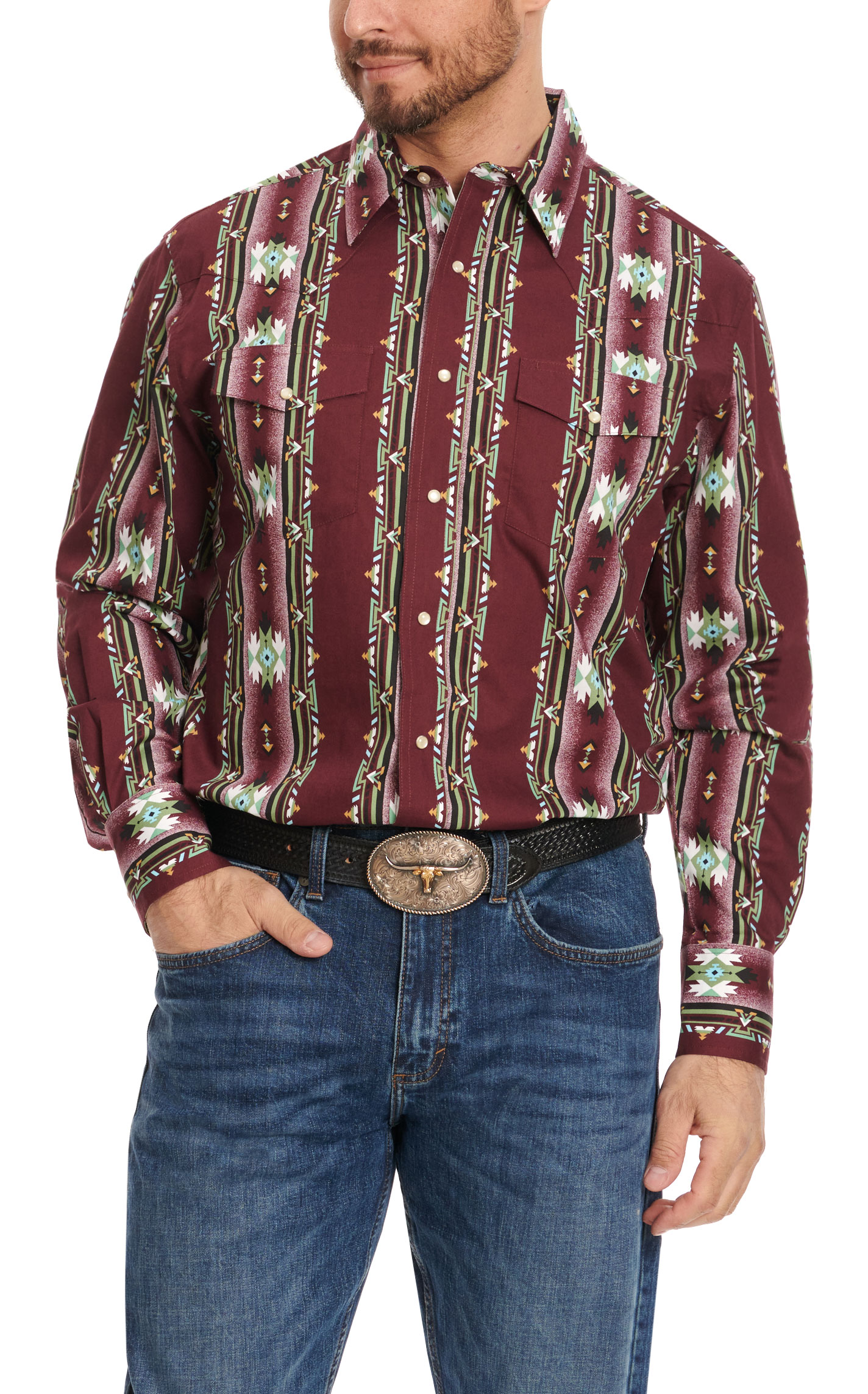 Wrangler Men's Checotah Burgundy & Olive Aztec Western Shirt - Big & Tall Sizes  - Image 1