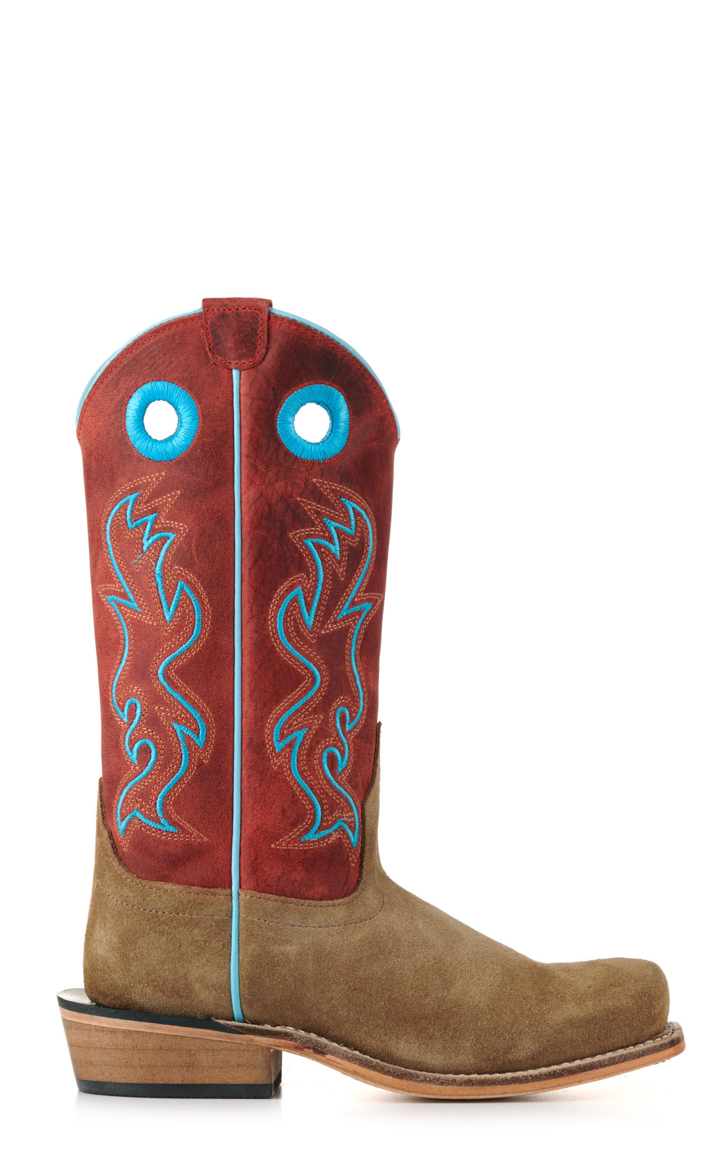 Old West Kids Camel Suede and Red Punchy Square Toe Cowboy Boots - Image 1
