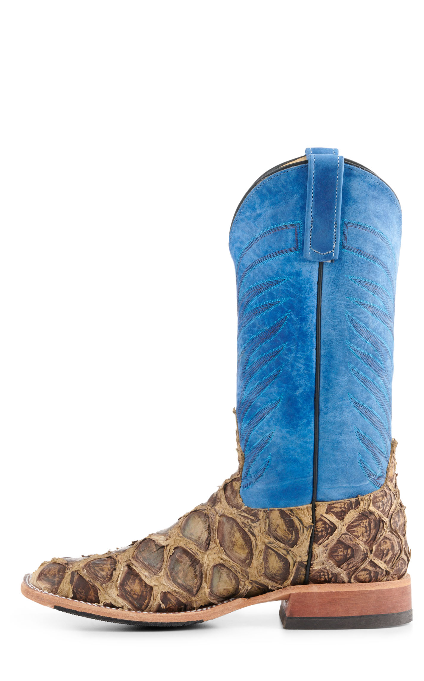 Anderson Bean Men's Blue and Rustic Saddle Brown Big Bass Wide Square Toe Hybrid Exotic Cowboy Boots - Image 1