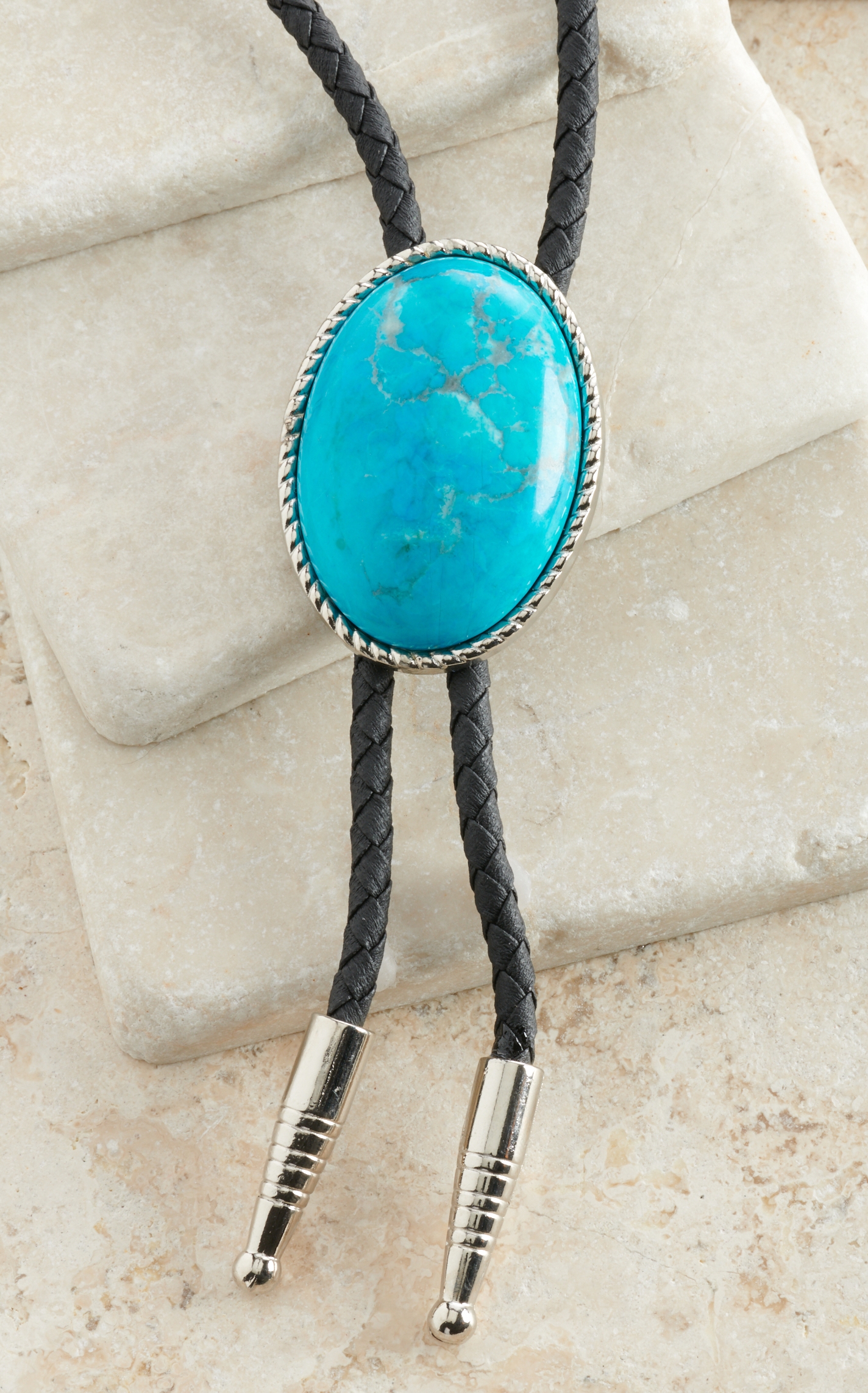 M&F Western Turquoise Howlite Silver Oval Bolo Tie - Image 1