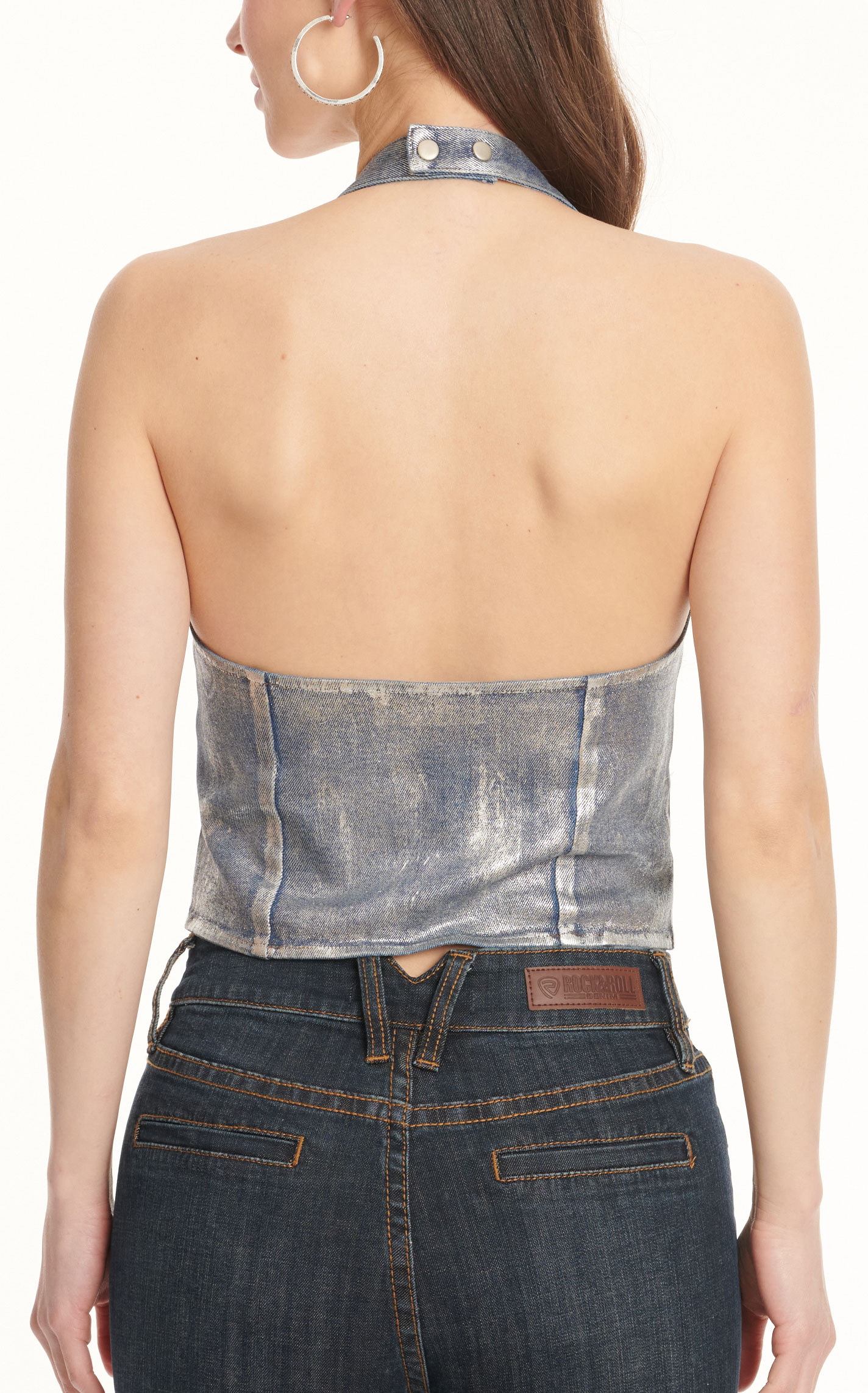 Blue B Women's Light Wash Silver Finish Denim Halter Neck Cropped Top  - Image 1