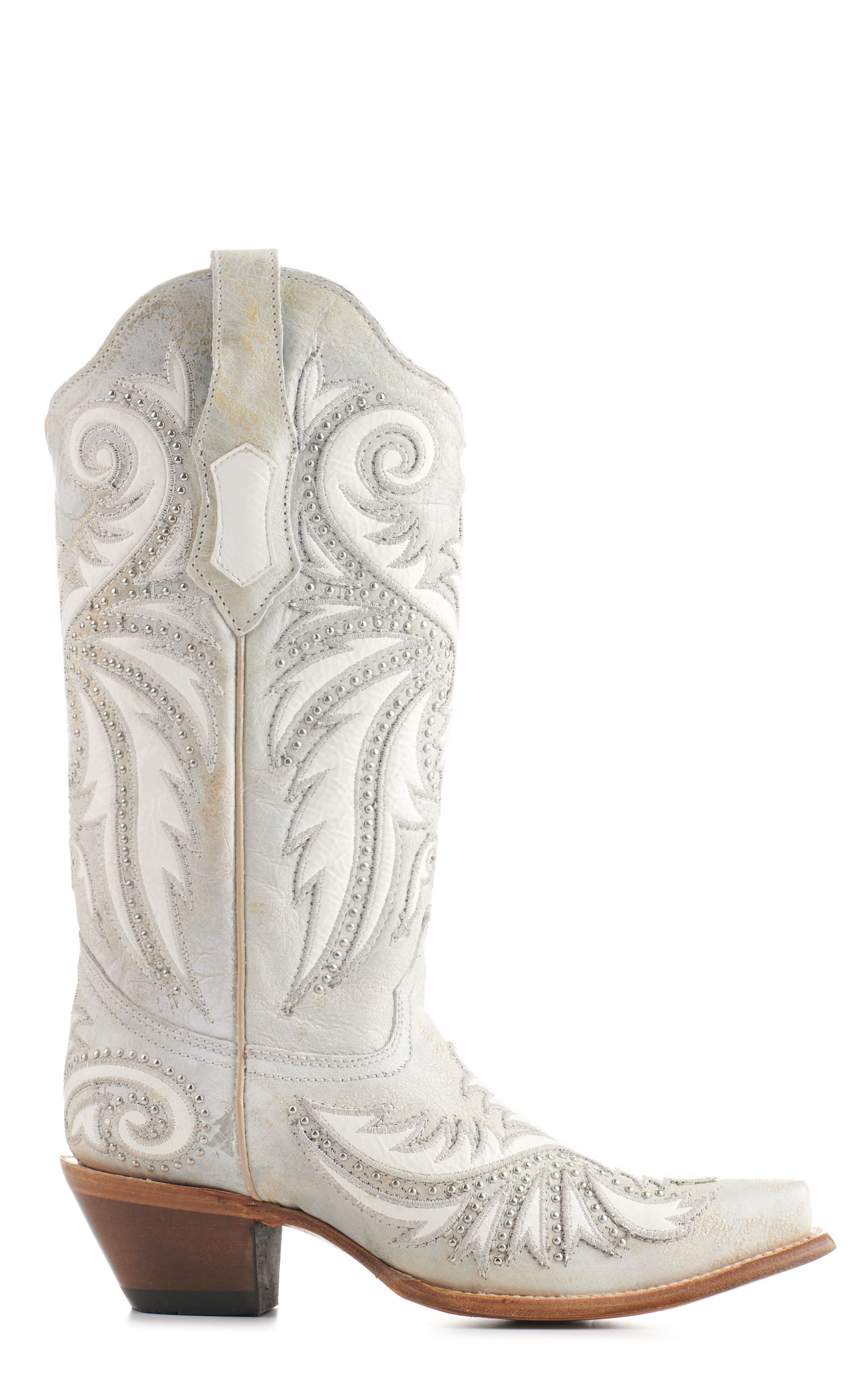 Corral Women's Distressed White with White Overlay and Studs Snip Toe Cowboy Boots - Image 1
