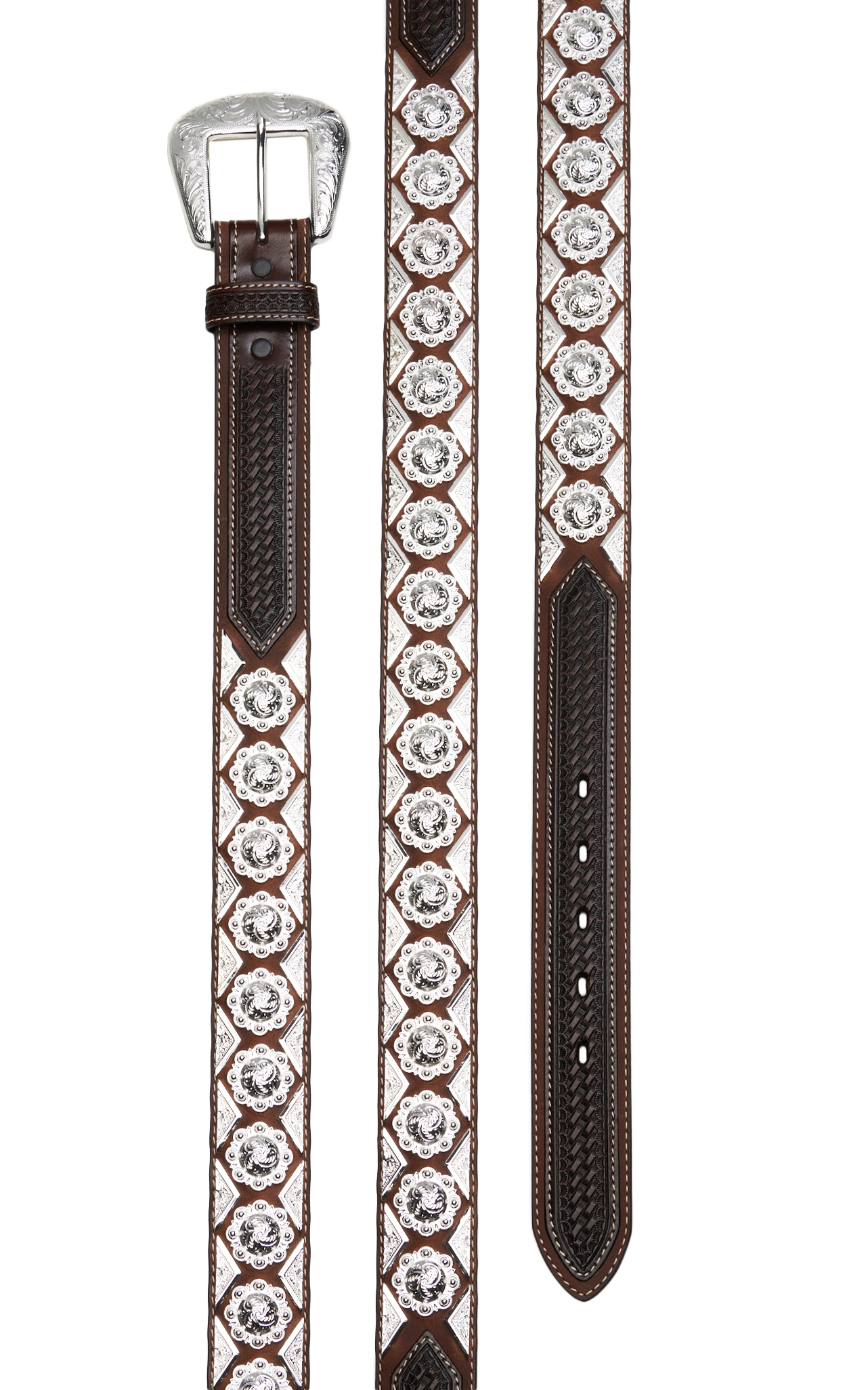 Cowboy Chrome Men's Brown Basket Weave with Silver Diamond and Berries Concho Western Belt - Image 1