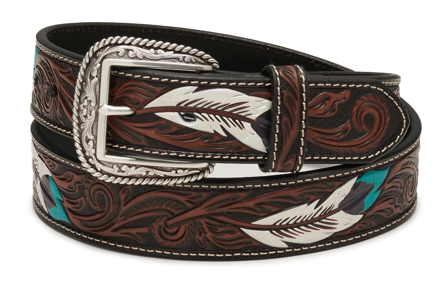 Ariat Men's Brown with Feather Tooling Western Belt - Image 1