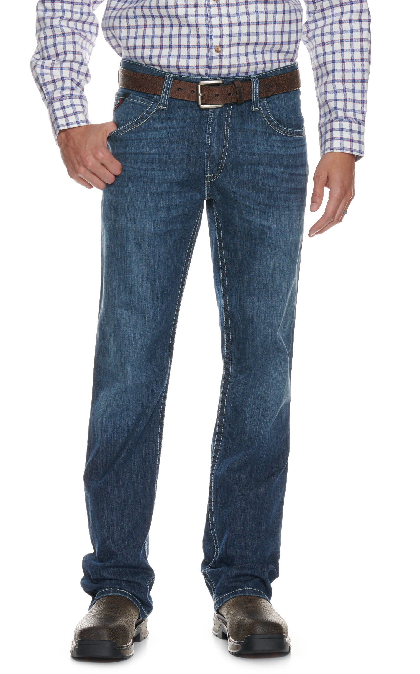 Ariat Men's FR M4 Boundary Medium Wash Stretch Duralight Relaxed Fit Boot Cut Work Jeans - Image 1