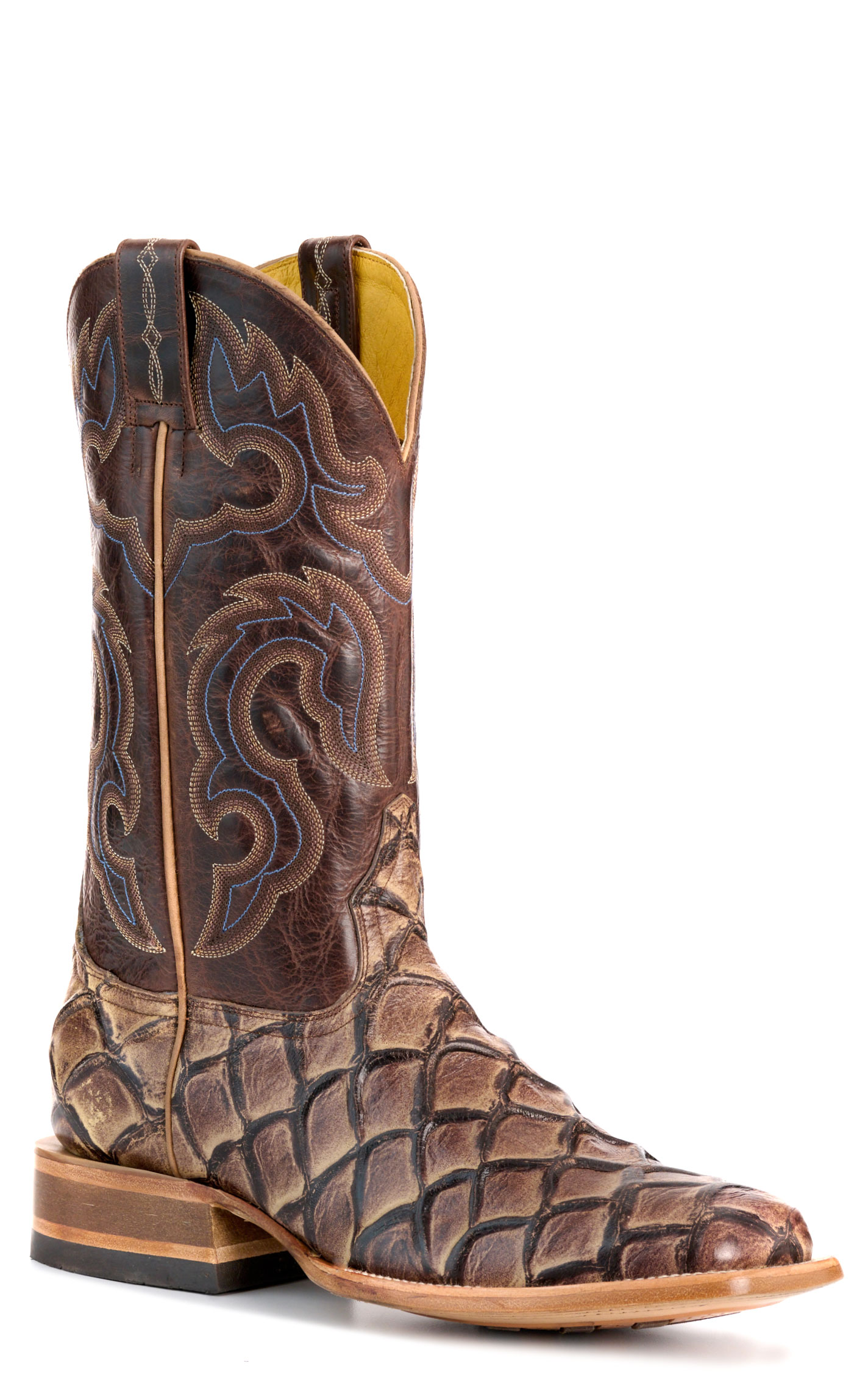 Cavender's Men's Endurance Oak Pirarucu Print and Chocolate Wide Square Toe Cowboy Boots - Image 1