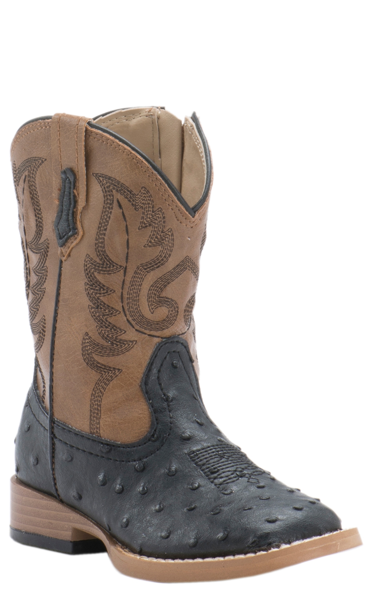 Roper Toddler Black Ostrich Print with Tan Square Toe Cowboy Boots - Image 1