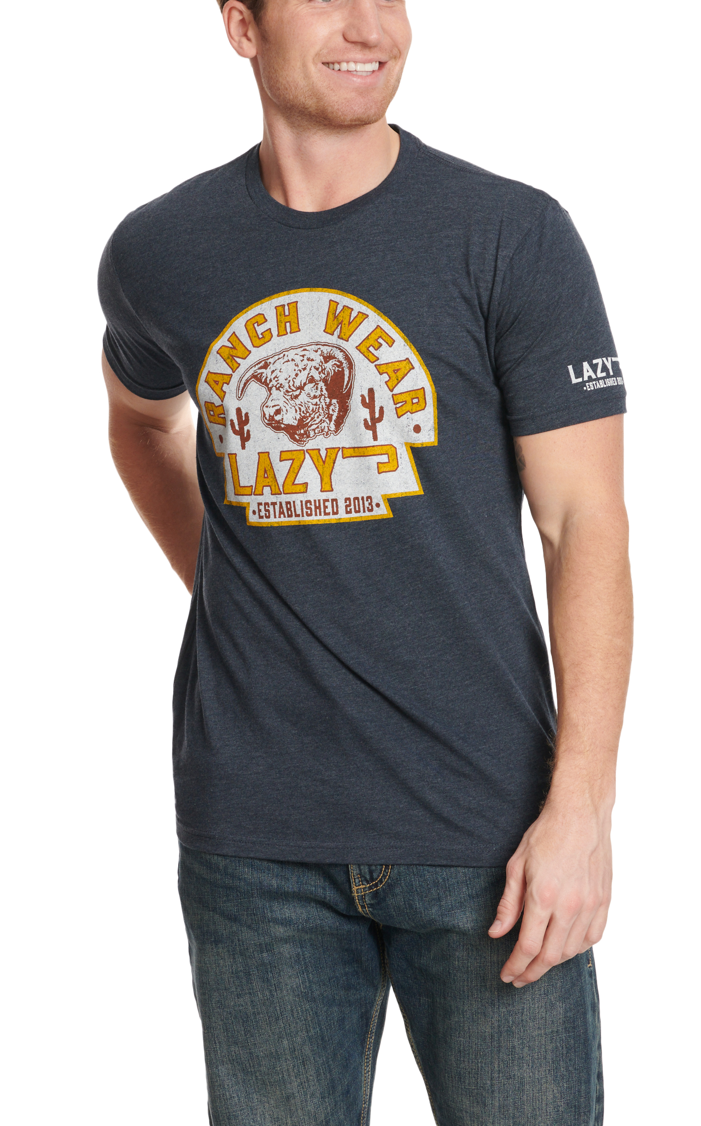 Lazy J Men's Navy Arrowhead Bull Logo Graphic T-Shirt - Image 1