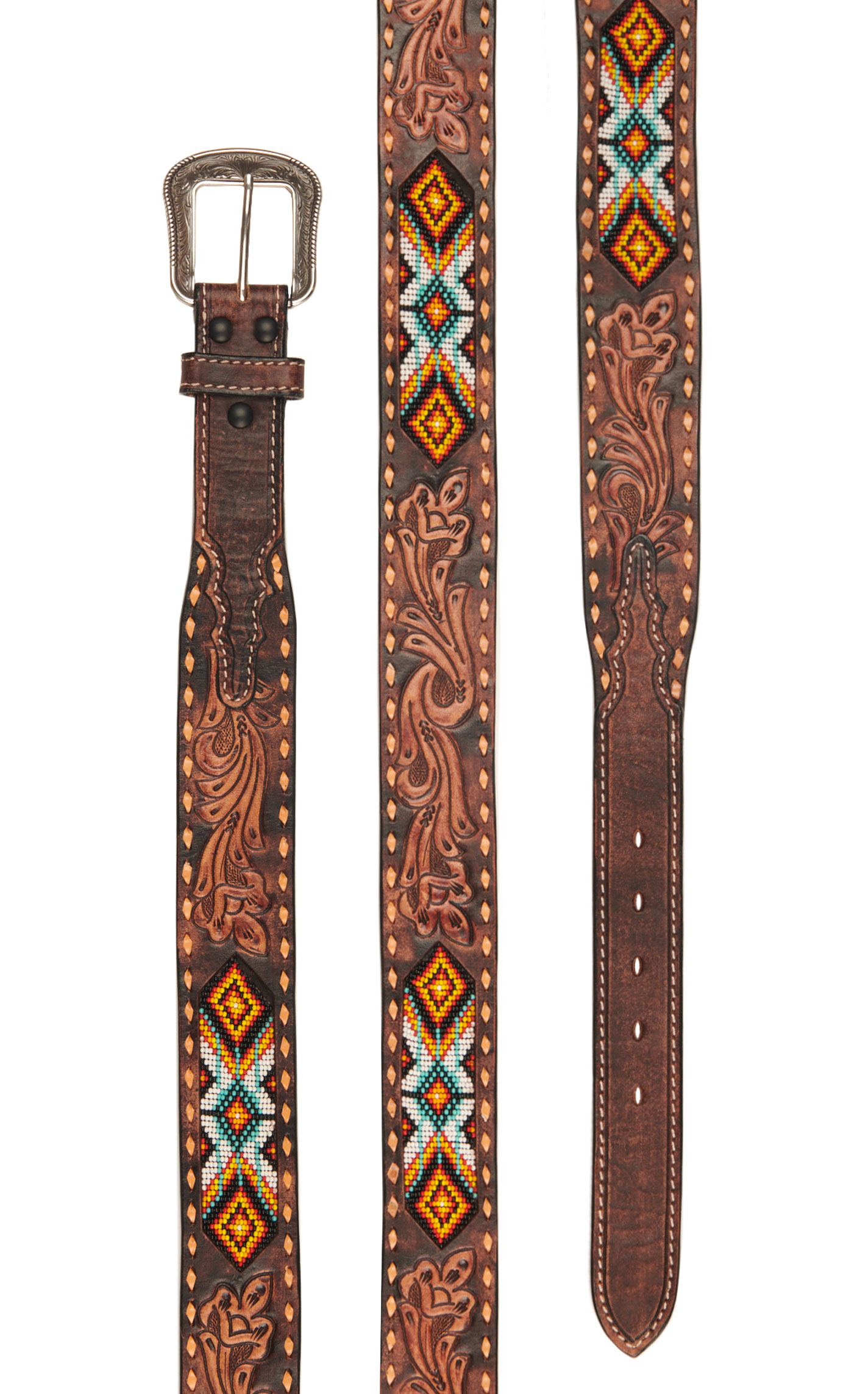 3D Belt Co Men's Brown Tooled Leather Colorful Aztec Bead Inlay Western Belt - Image 1