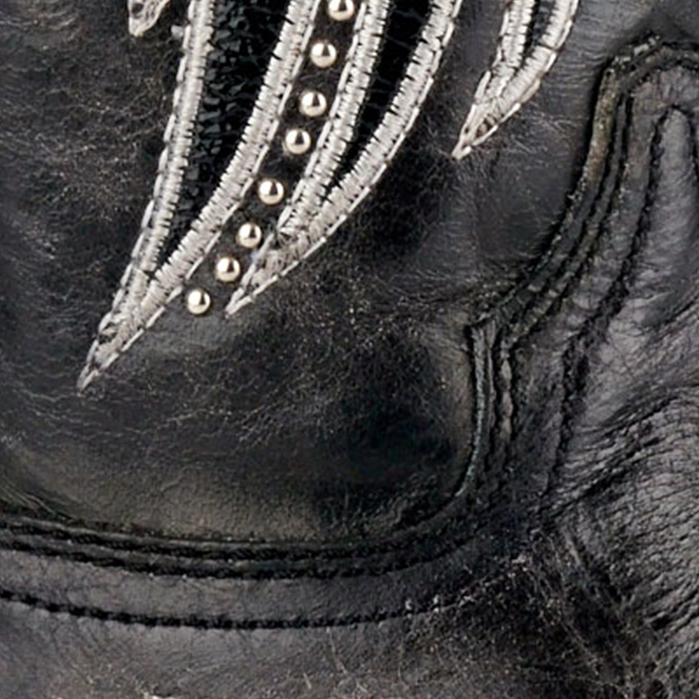Corral Women's Distressed Black with White Embroidery and Studs Snip Toe Cowboy Boots - Image 1