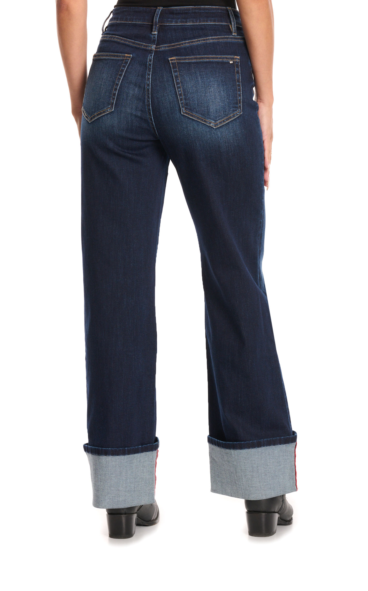 Rockin C Dark Wash High Rise Contrast Seam Wide Leg Cuffed Jean - Image 1