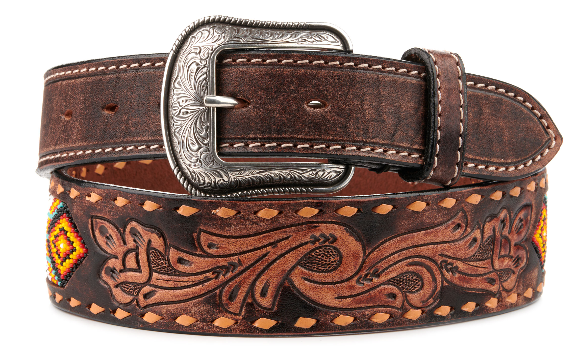 3D Belt Co Men's Brown Tooled Leather Colorful Aztec Bead Inlay Western Belt - Image 1