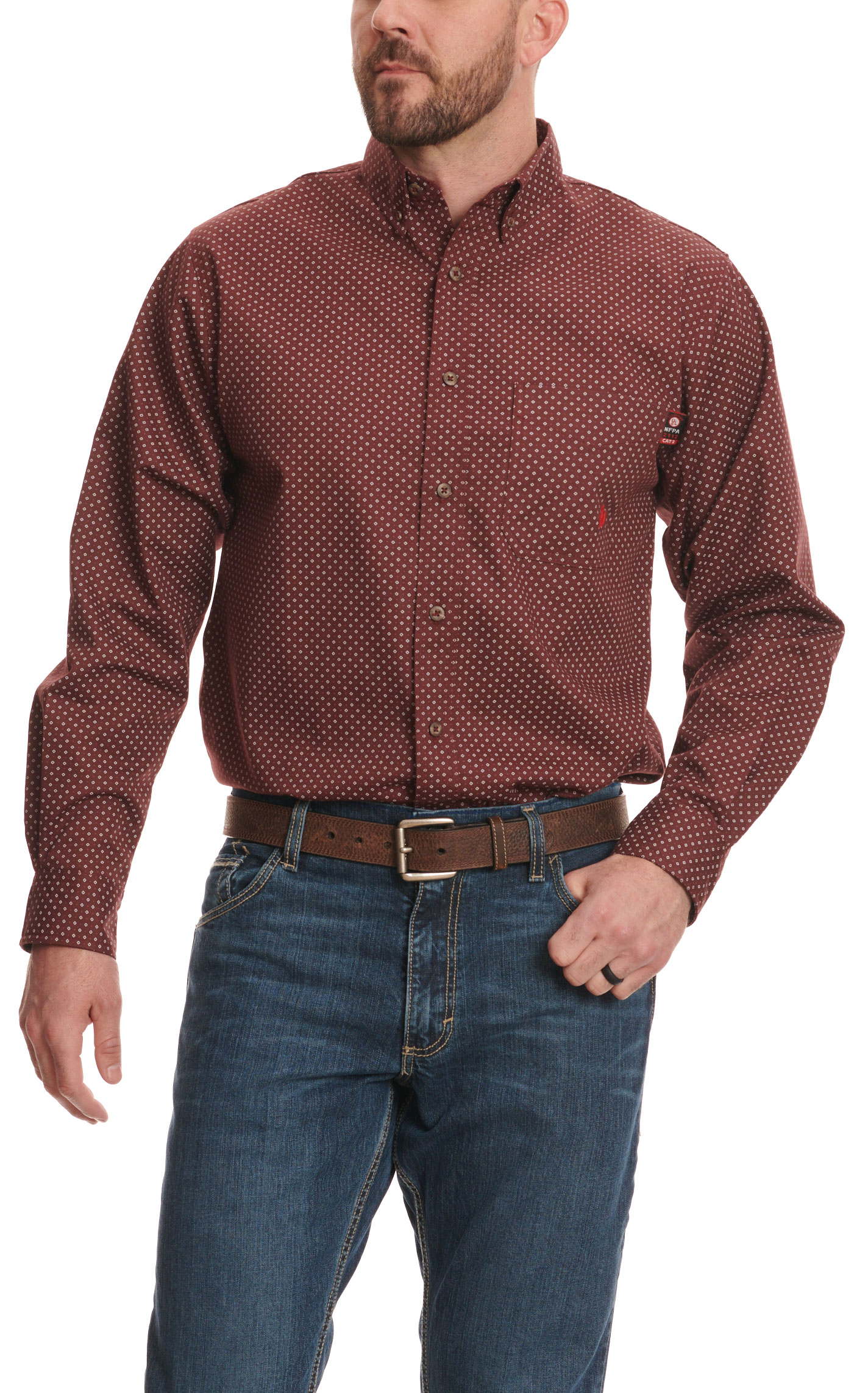 Forge Men's White with Dark Wine with Cream Geo Print Long Sleeve FR Western Work Shirt - Image 1