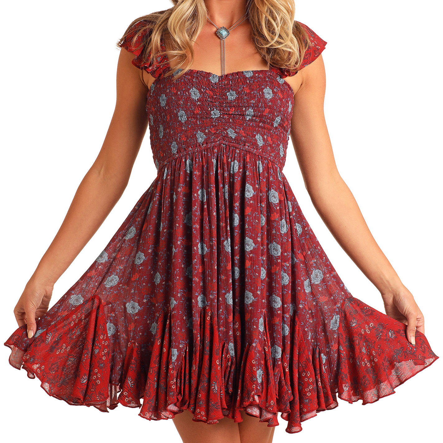 Rock & Roll Denim Women's Red Smocked Floral Dress - Image 1