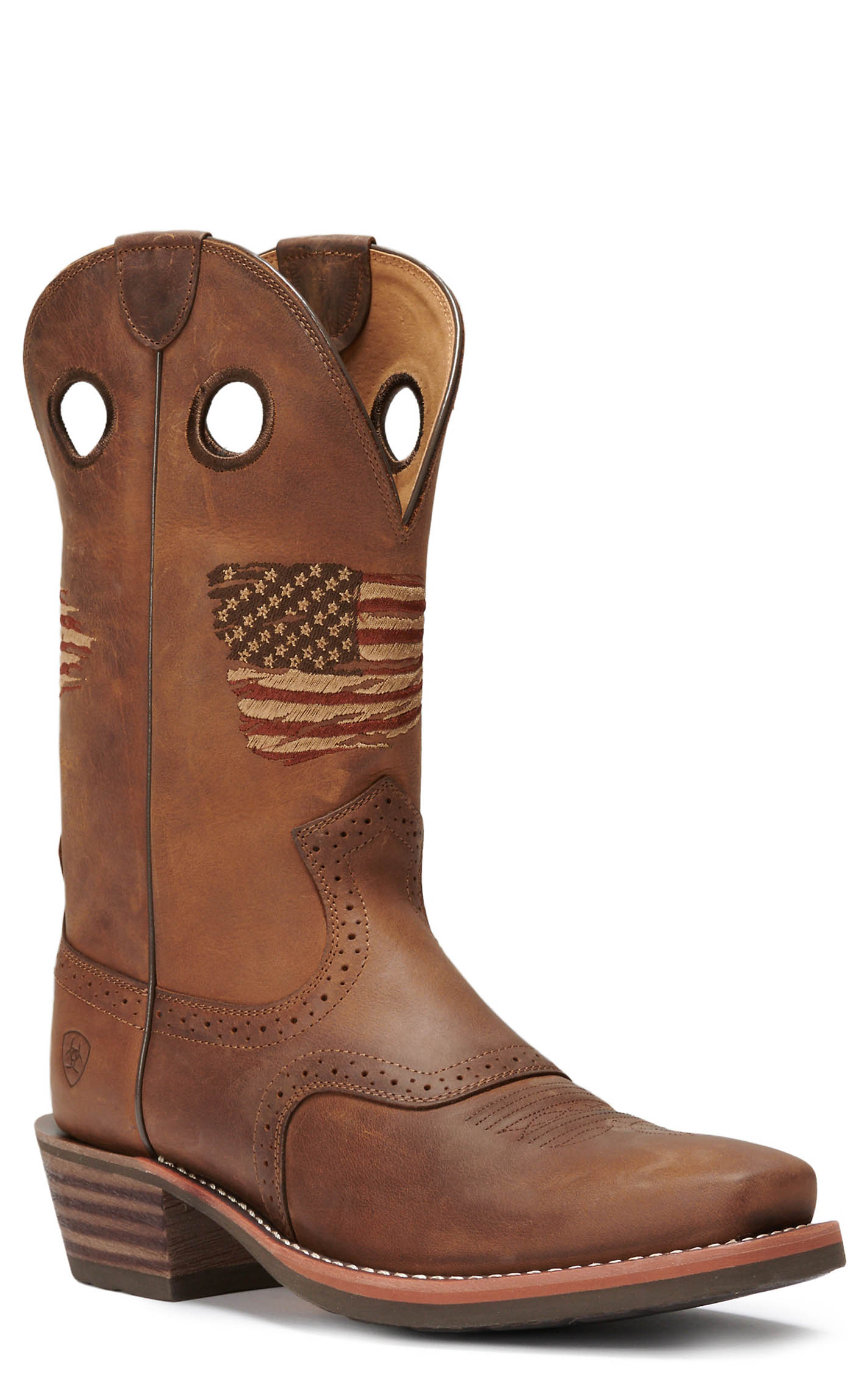Ariat Men's Roughstock Patriot Distressed Brown Embroidered Flag Punchy Square Toe Cowboy Boots - Image 1