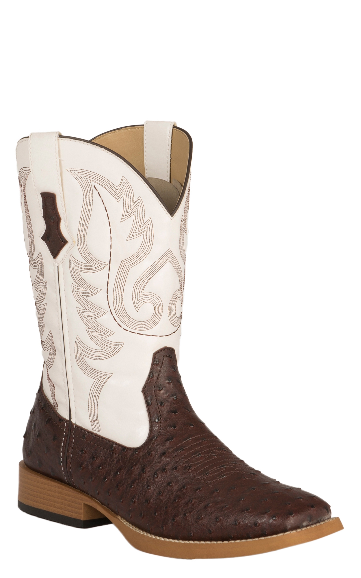 Roper Men's Faux Leather Ostrich Brown & White Square Toe Cowboy Boots - Image 1