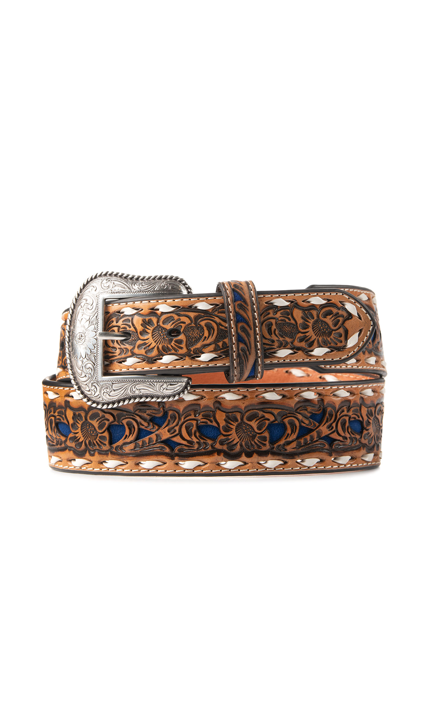 Nocona Men's Tan Genuine Leather Floral with Blue Inlay & White Lace Western Belt - Image 1