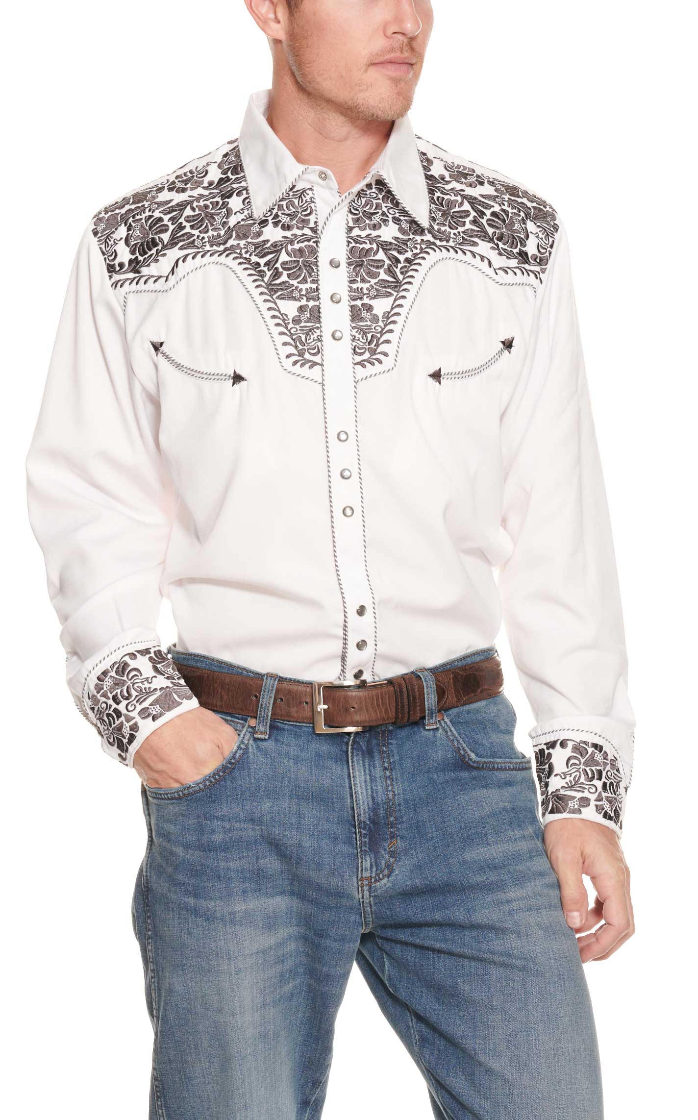 Scully Men's Legends Gunfighter White With Pewter Floral Embroidery Long Sleeve Western Shirt - Image 1