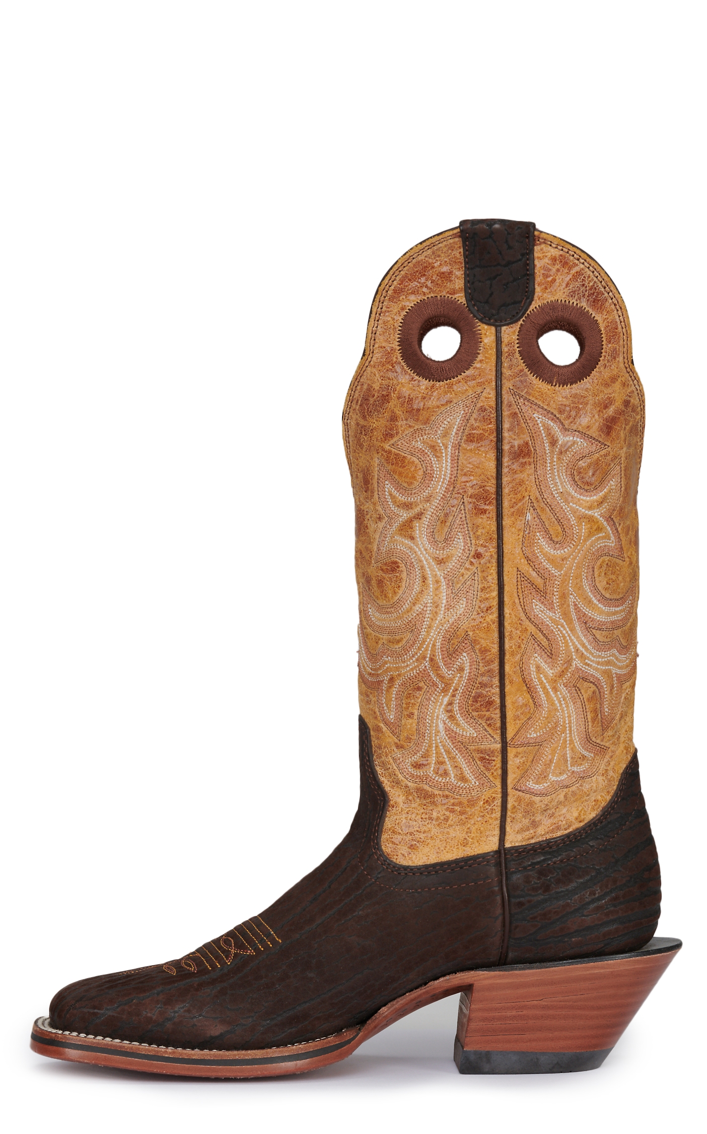 Hondo Men's Chocolate Nubuck Bullhide and Tan Wide Square Toe Cowboy Boots - Image 1