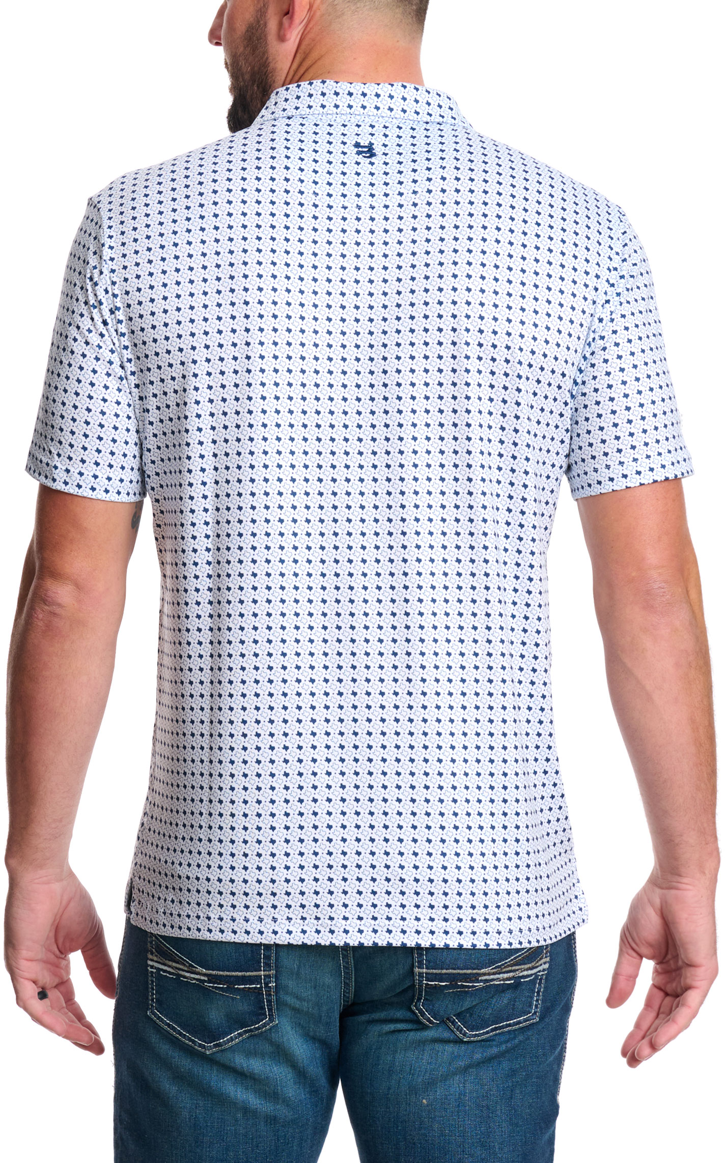 BURLEBO Men's Navy Texas Print Performance Polo - Image 1