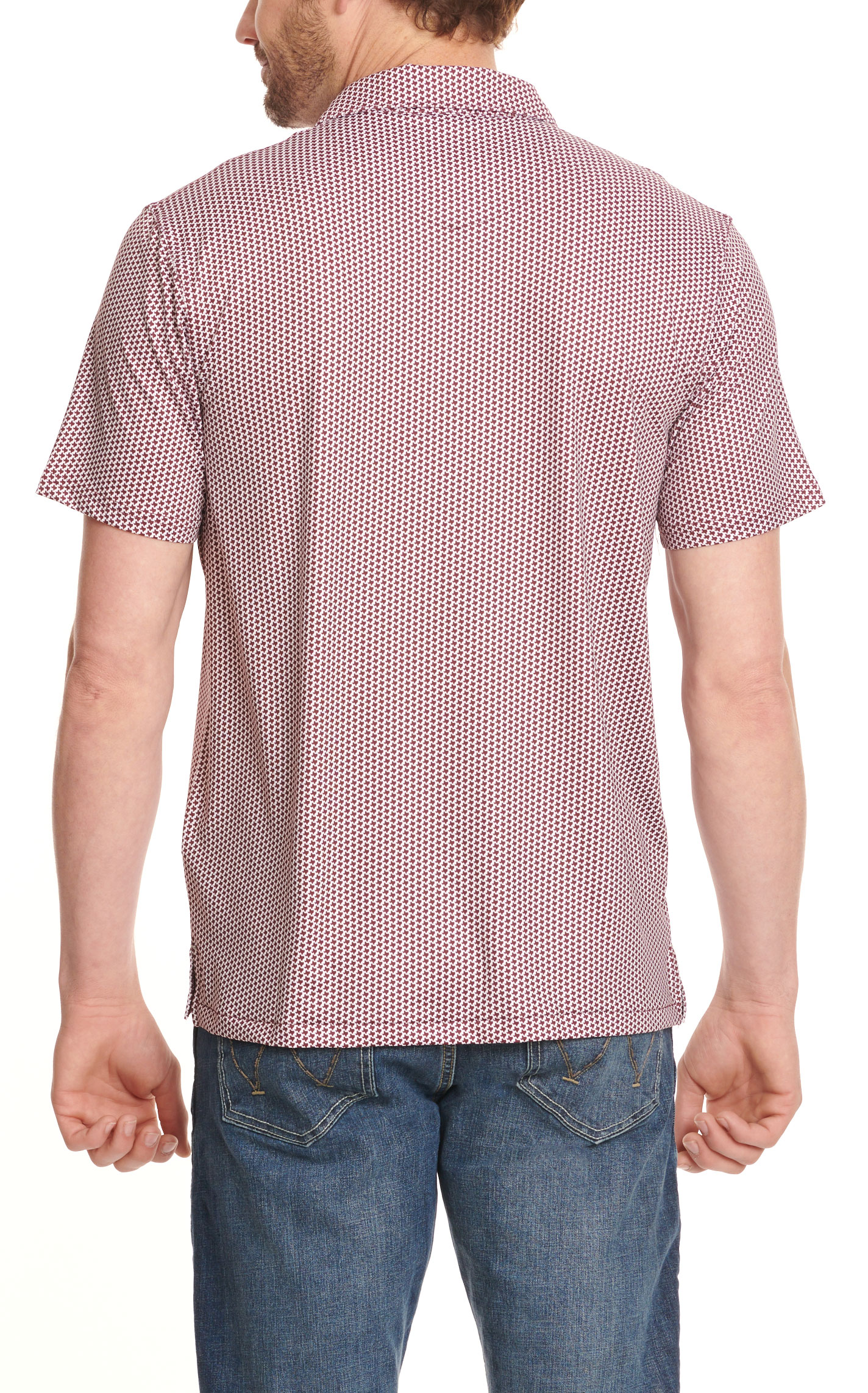 Rafter C Men's ProFlex45 Burgundy Texas Geo Print Short Sleeve Snap Polo Shirt - Image 1