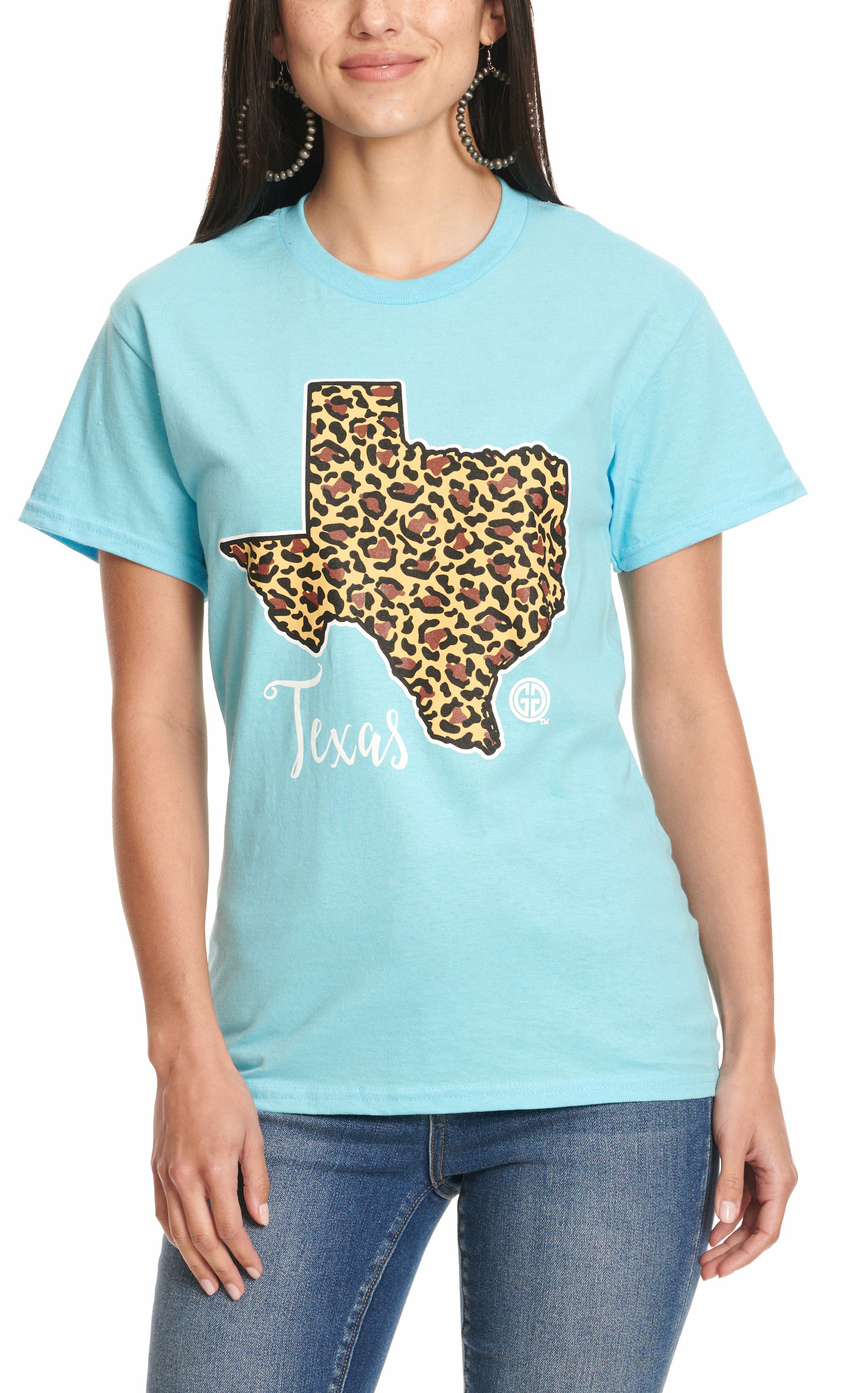 Girlie Girl Originals Women's Light Blue Leopard Print Texas Graphic T-Shirt - Image 1