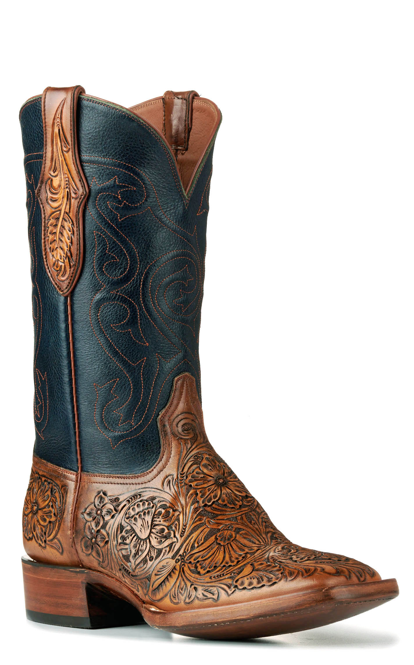 Black Jack Men's Mahogany Tan Hand Tooled and Navy Wide Square Toe Cowboy Boots - Image 1