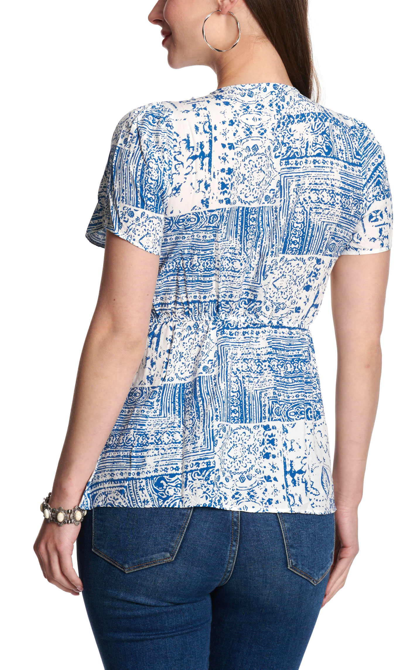 Cowgirl Hardware Women’s Blue & White Distressed Bandana Ruffle Top - Image 1