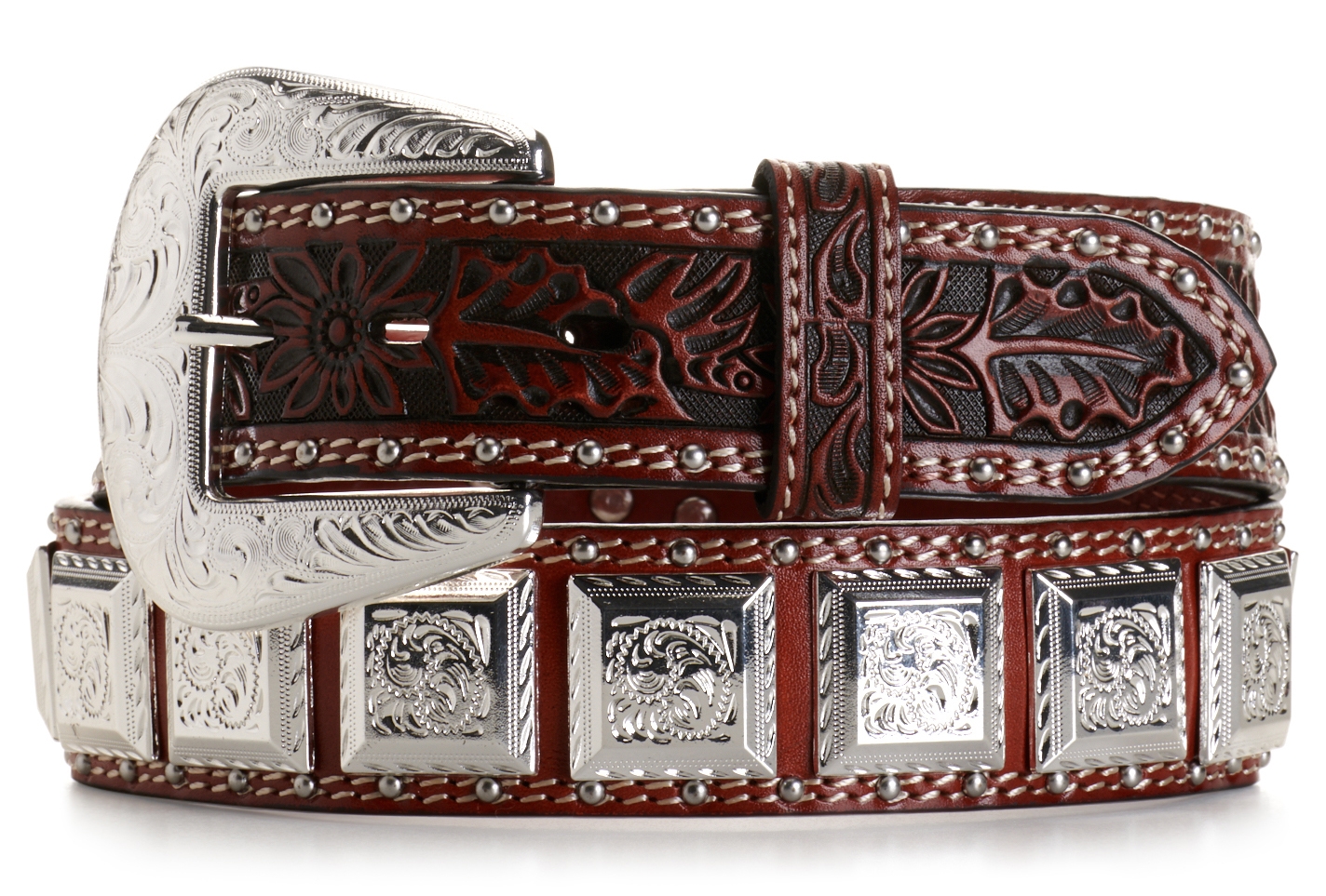 Cowboy Chrome Men's Brown Floral Tooled with Silver Square Conchos Belt - Image 1
