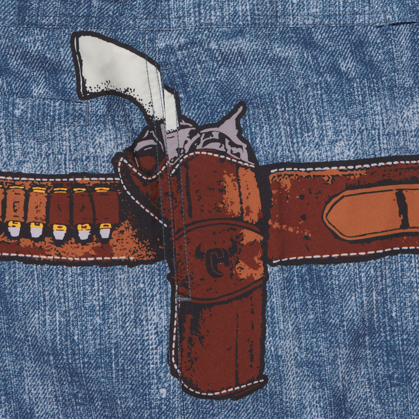 Cowboy Hardware Men's Denim Blue Six Shooter Swim Trunks - Image 1