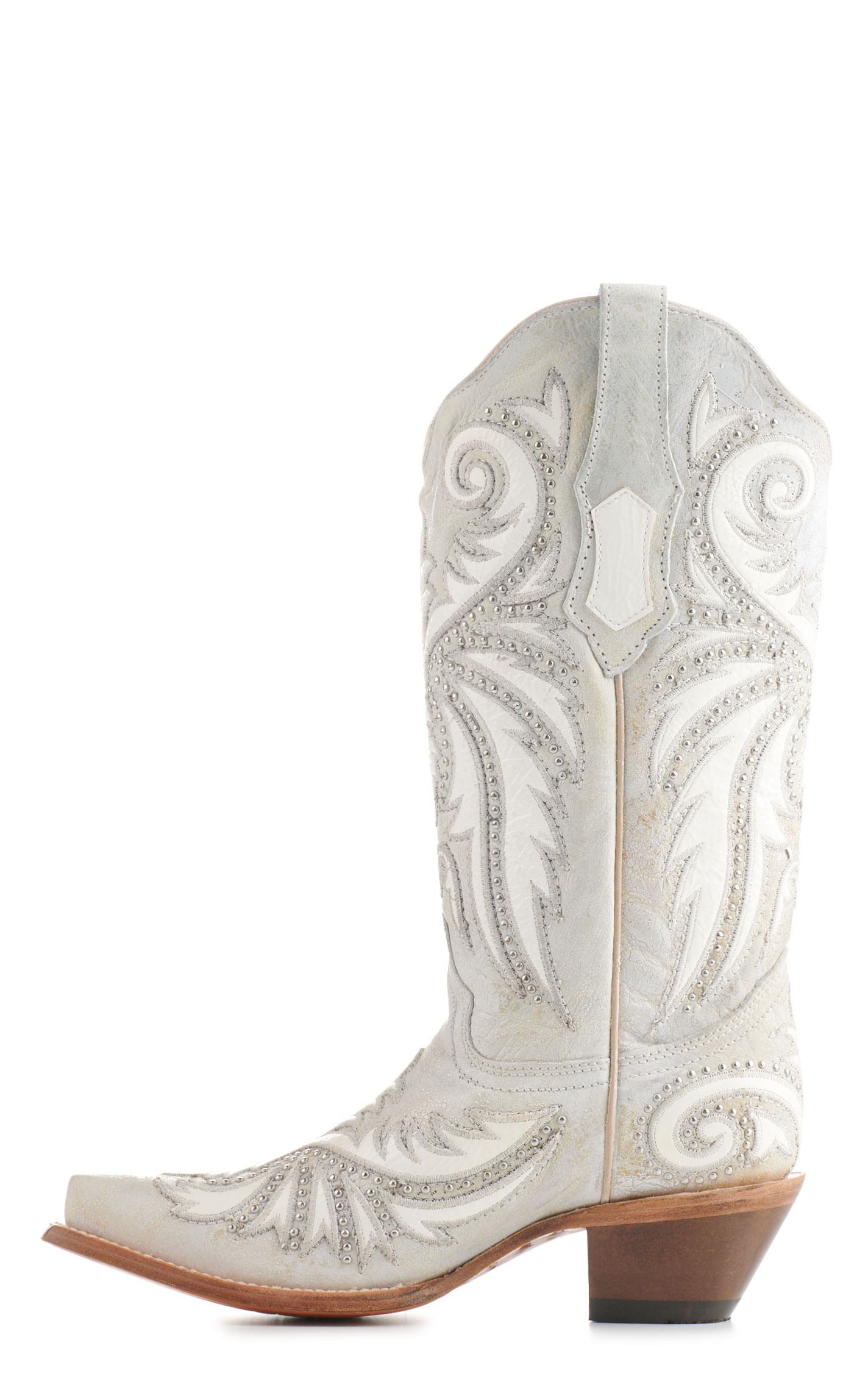 Corral Women's Distressed White with White Overlay and Studs Snip Toe Cowboy Boots - Image 1