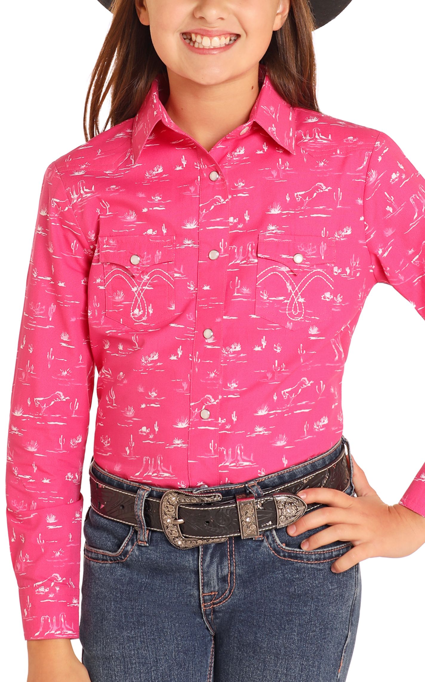 Panhandle Girl's Dark Pink & White Bronc Desert Print Western Shirt - Image 1