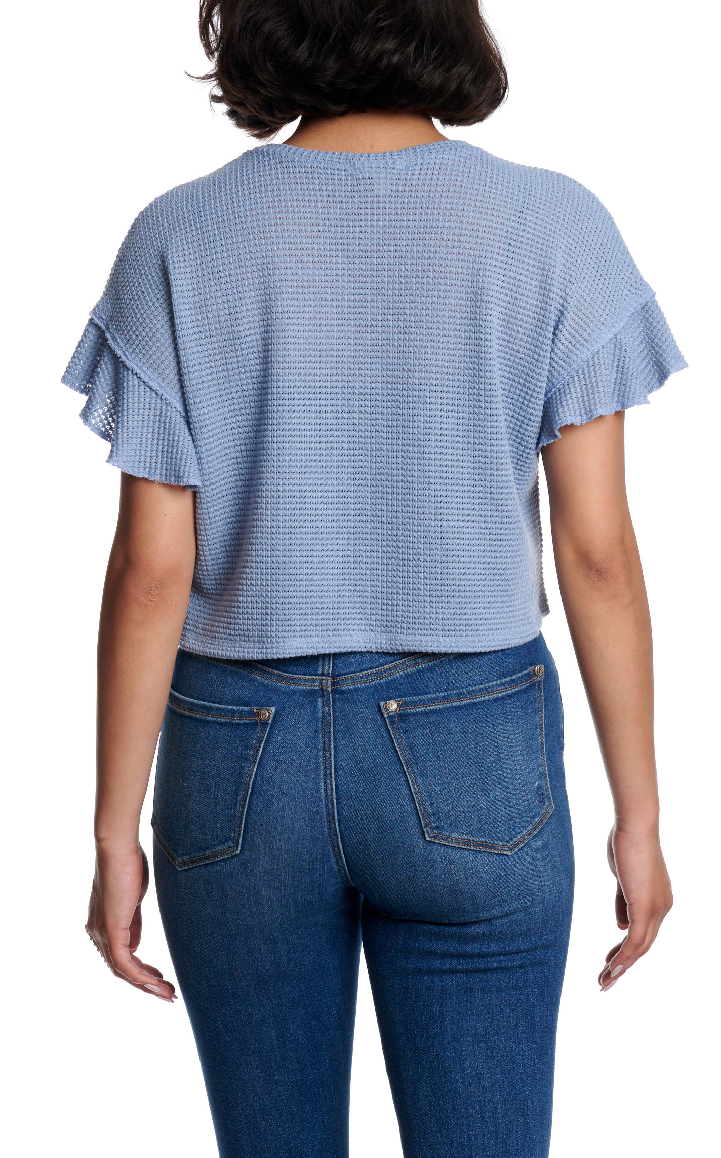 Moa Moa Women's Denim Blue Ruffle Sleeve Knit Cropped Top - Image 1