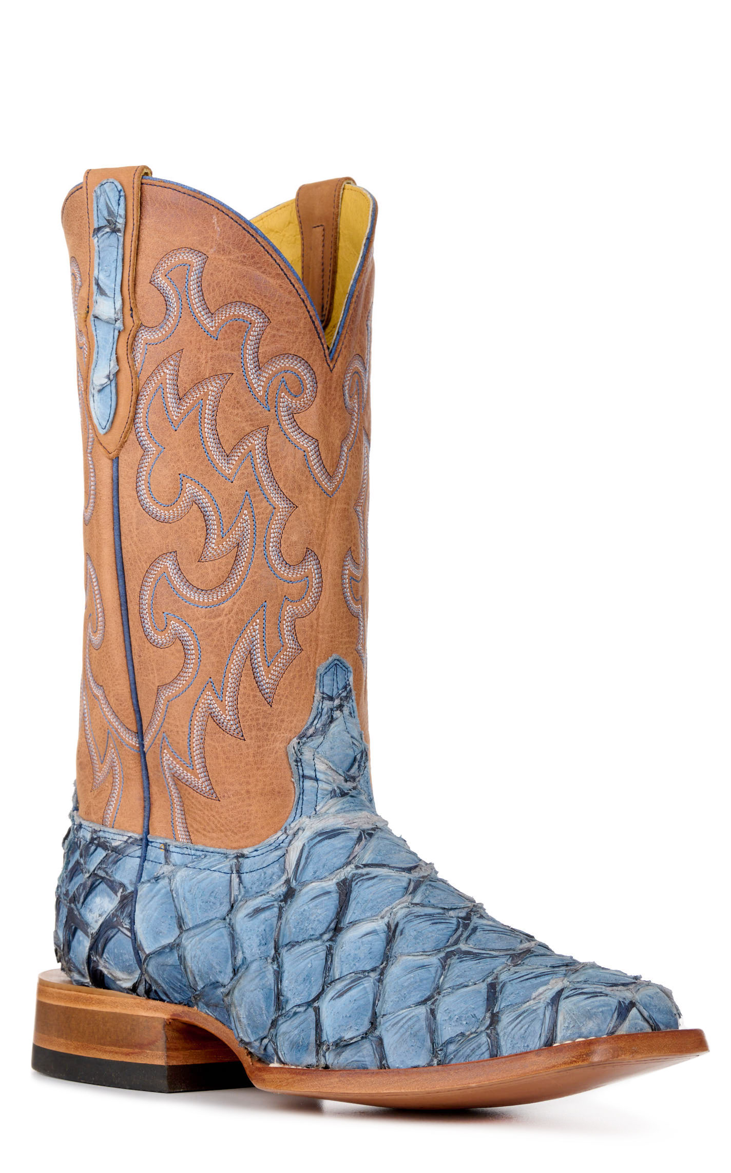 Cavender’s Men’s Blue Pirarucu and Brass Wide Square Toe Exotic Cowboy Boots - Image 1