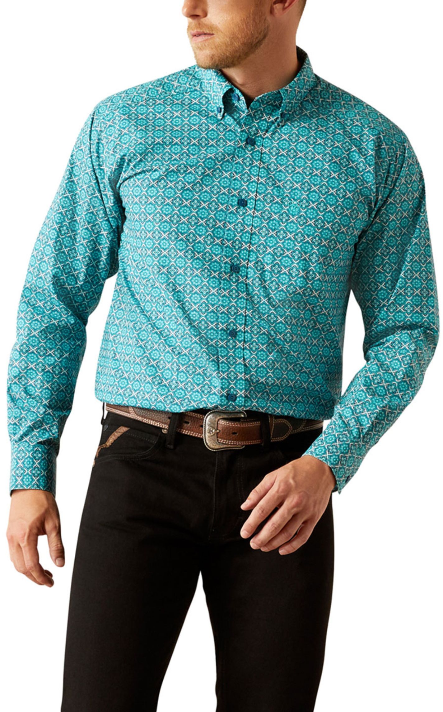 Ariat Men's Jordy Navy & Turquoise Geo Print Western Shirt - Image 1